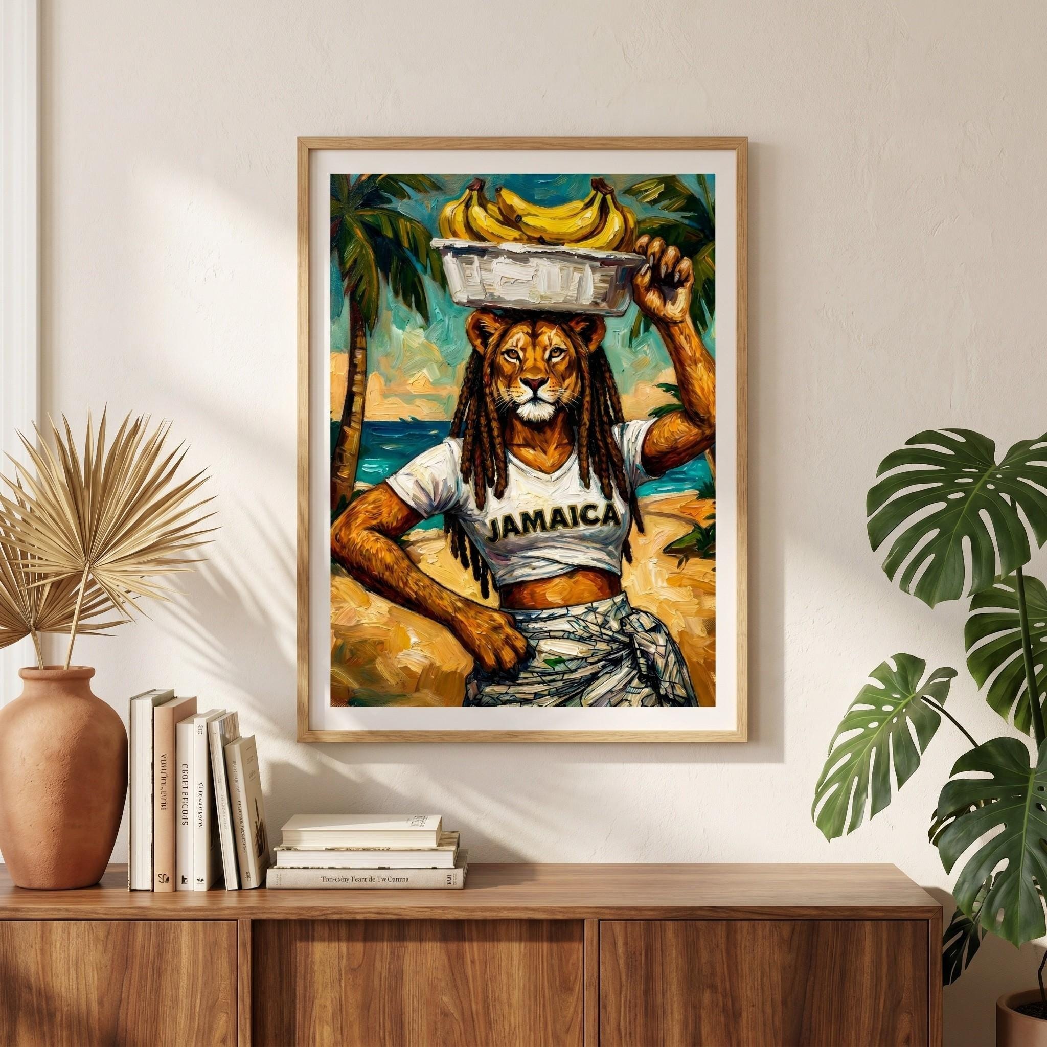 Jamaica Vintage Art, Tropical Lioness Banana Carrier Giclée Print, Lion Art, Whimsical, Painting Style, view 5
