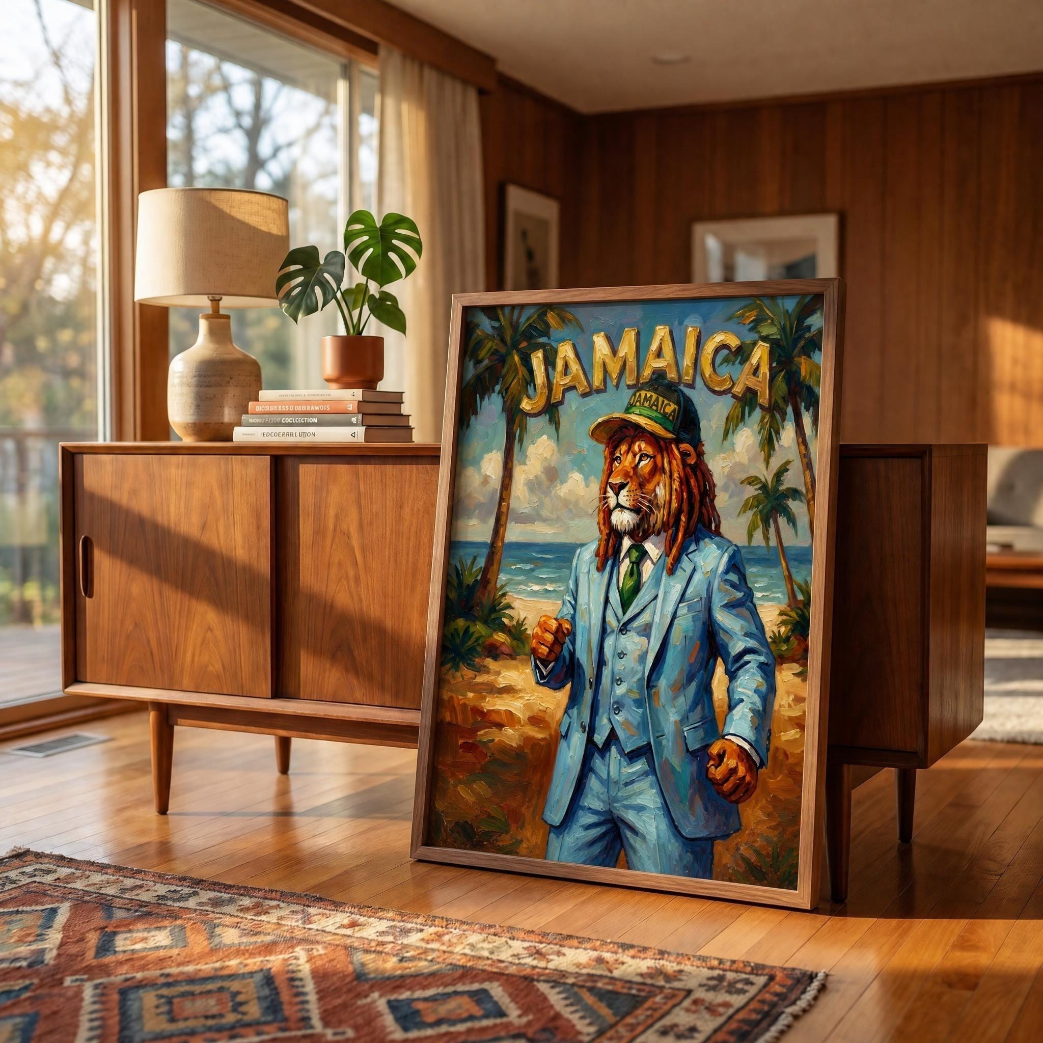 Jamaican Lion Dapper Suit Giclée Print, Whimsical Tropical Island Art