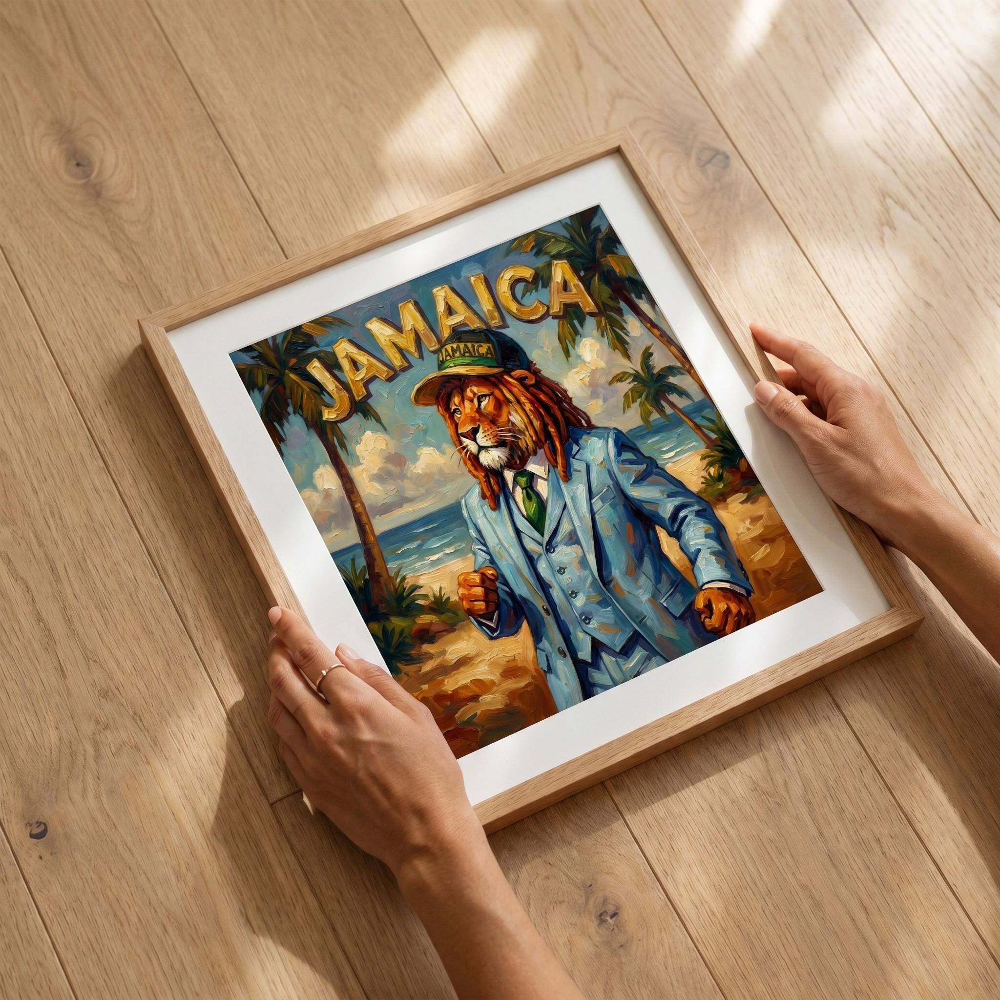 Jamaican Lion Dapper Suit Giclée Print, Whimsical Tropical Island Art, view 2