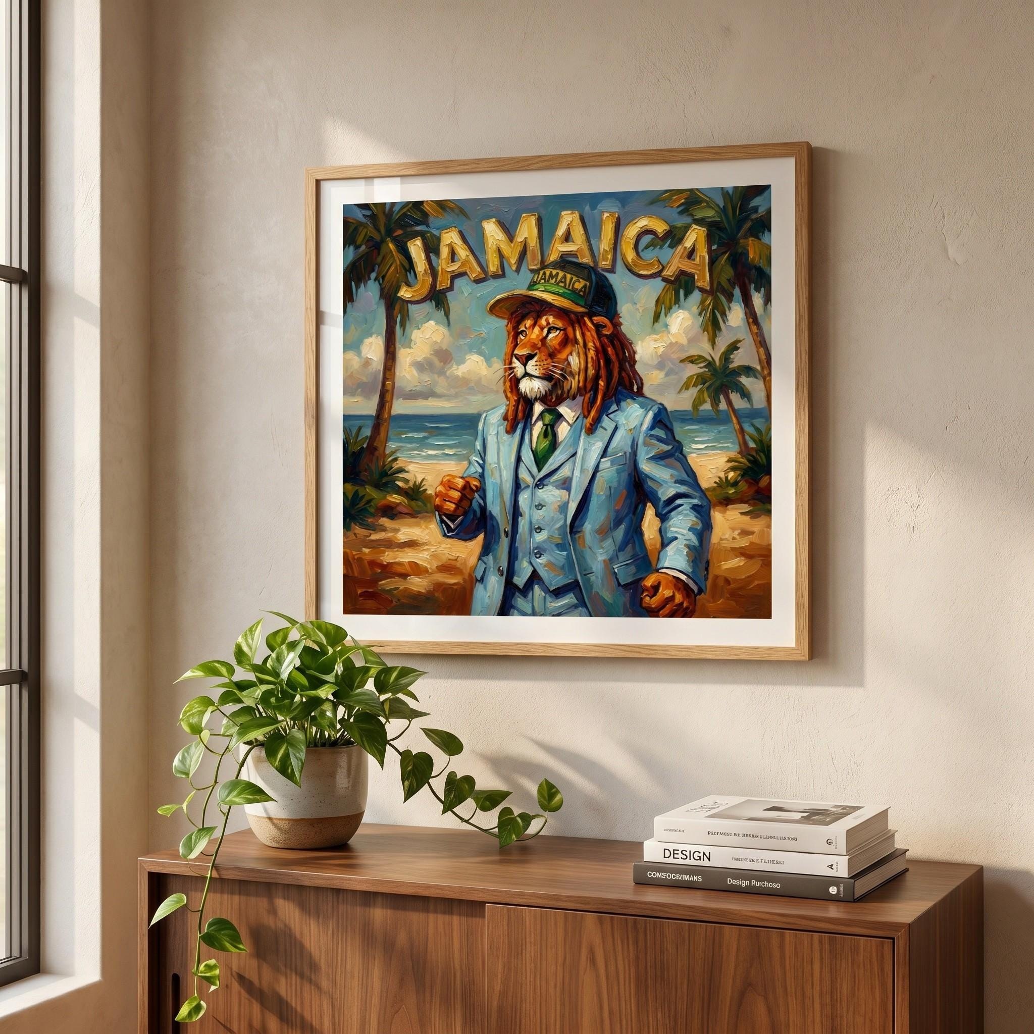 Jamaican Lion Dapper Suit Giclée Print, Whimsical Tropical Island Art, view 3