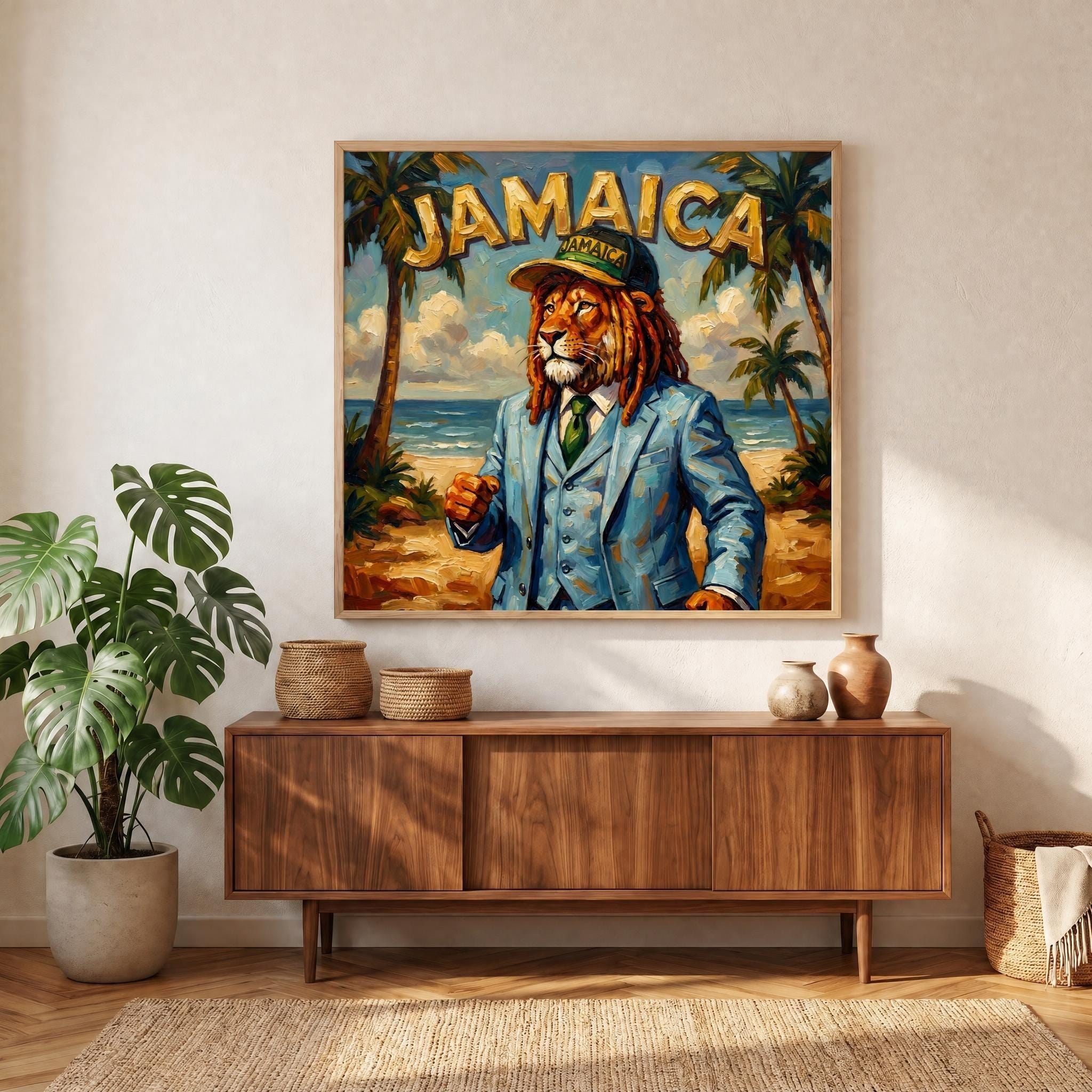 Jamaican Lion Dapper Suit Giclée Print, Whimsical Tropical Island Art, view 4