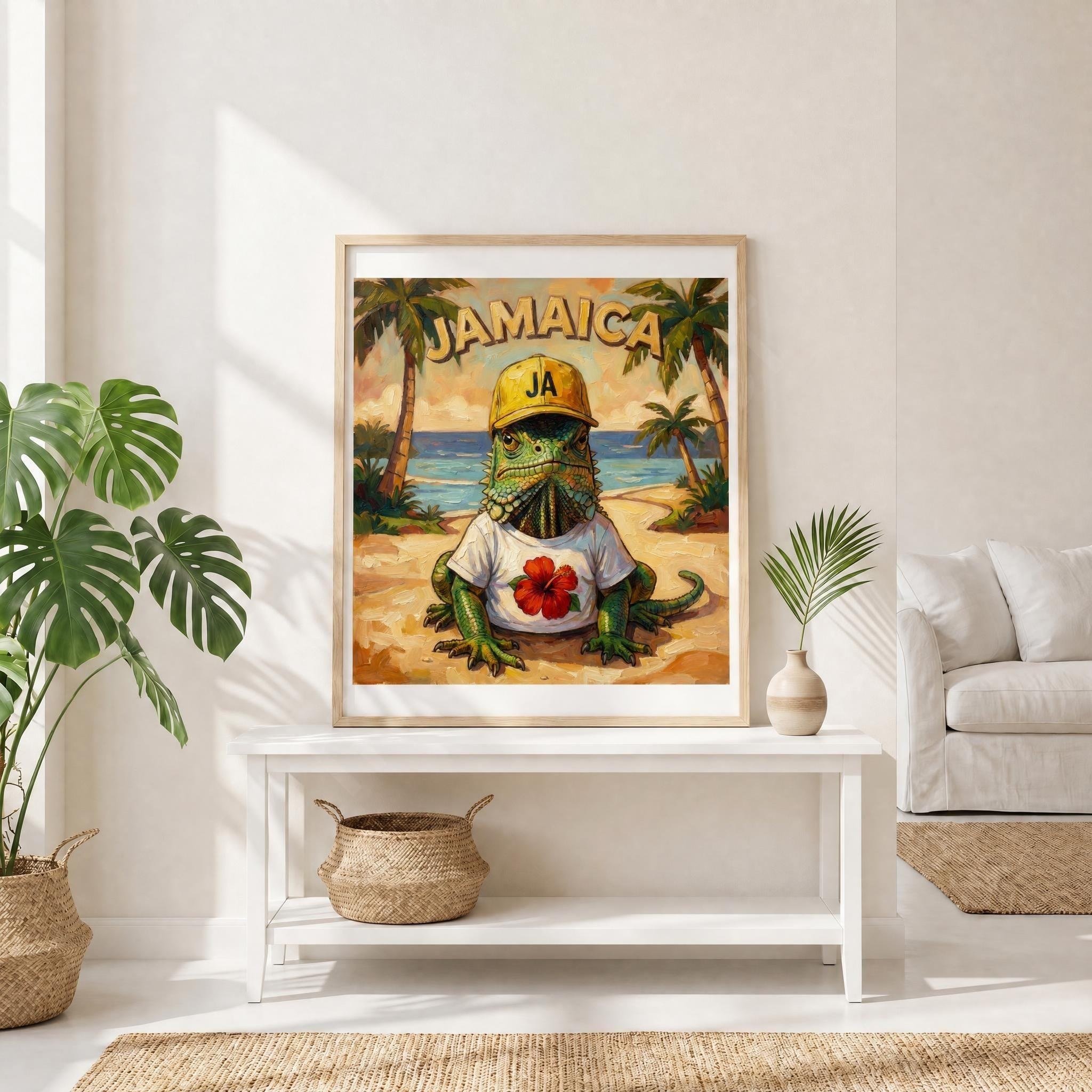 Jamaican Iguana Beach Art wearing Hibiscus Tee, giclée print, coastal wall decor, island vibes