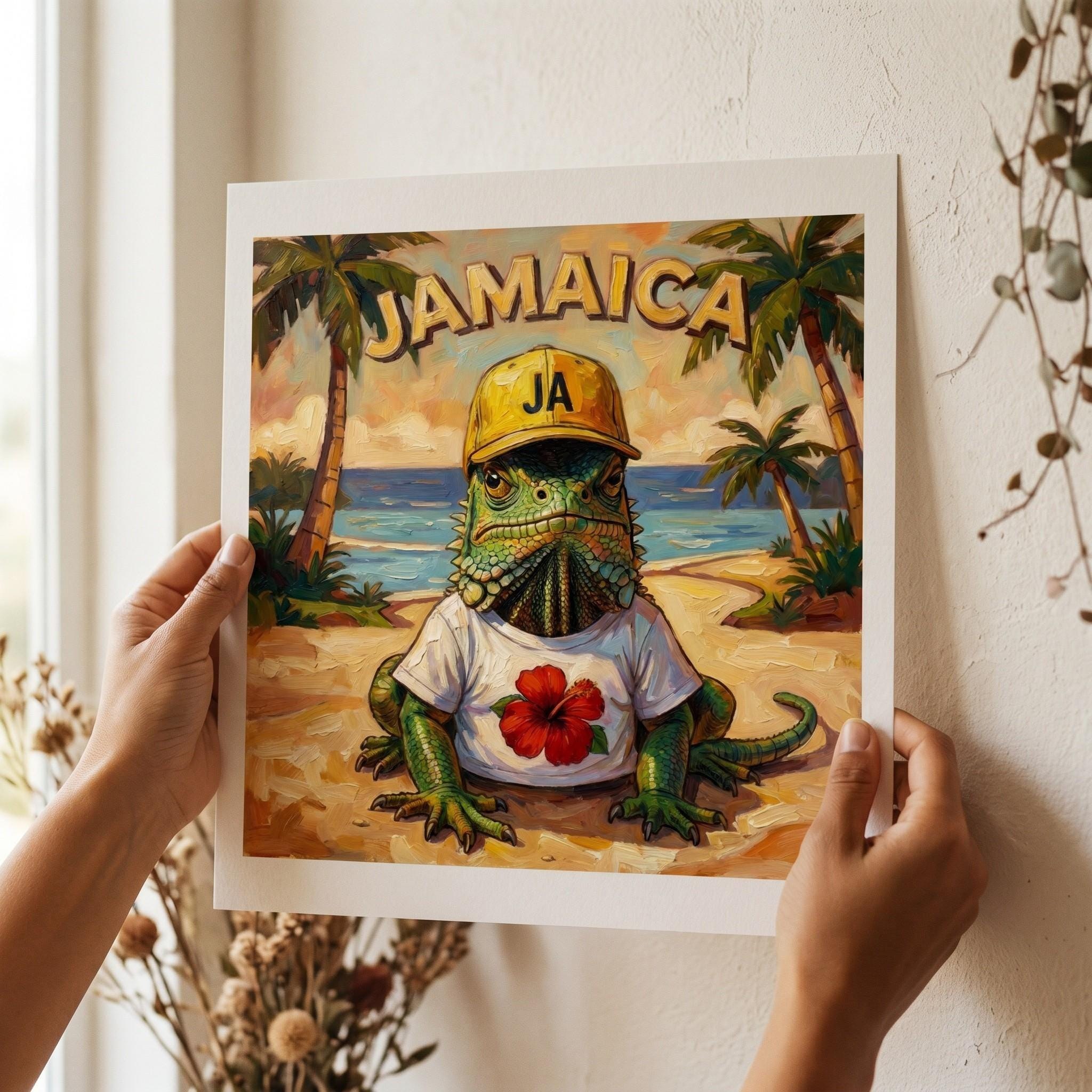 Jamaican Iguana Beach Art wearing Hibiscus Tee, giclée print, coastal wall decor, island vibes, view 2
