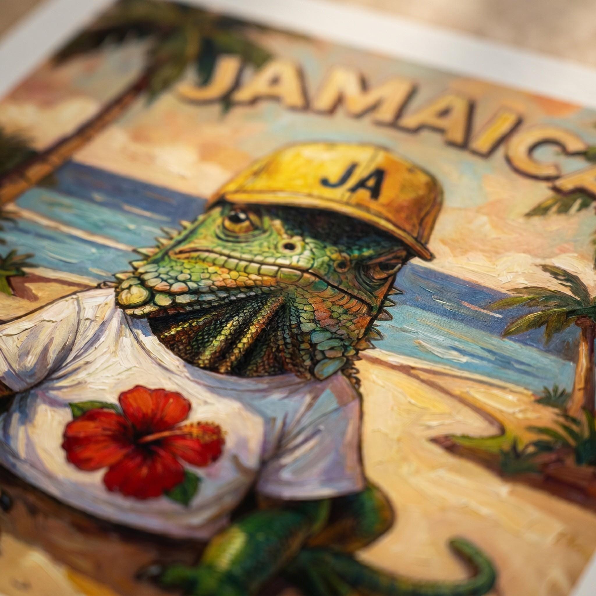 Jamaican Iguana Beach Art wearing Hibiscus Tee, giclée print, coastal wall decor, island vibes, view 3