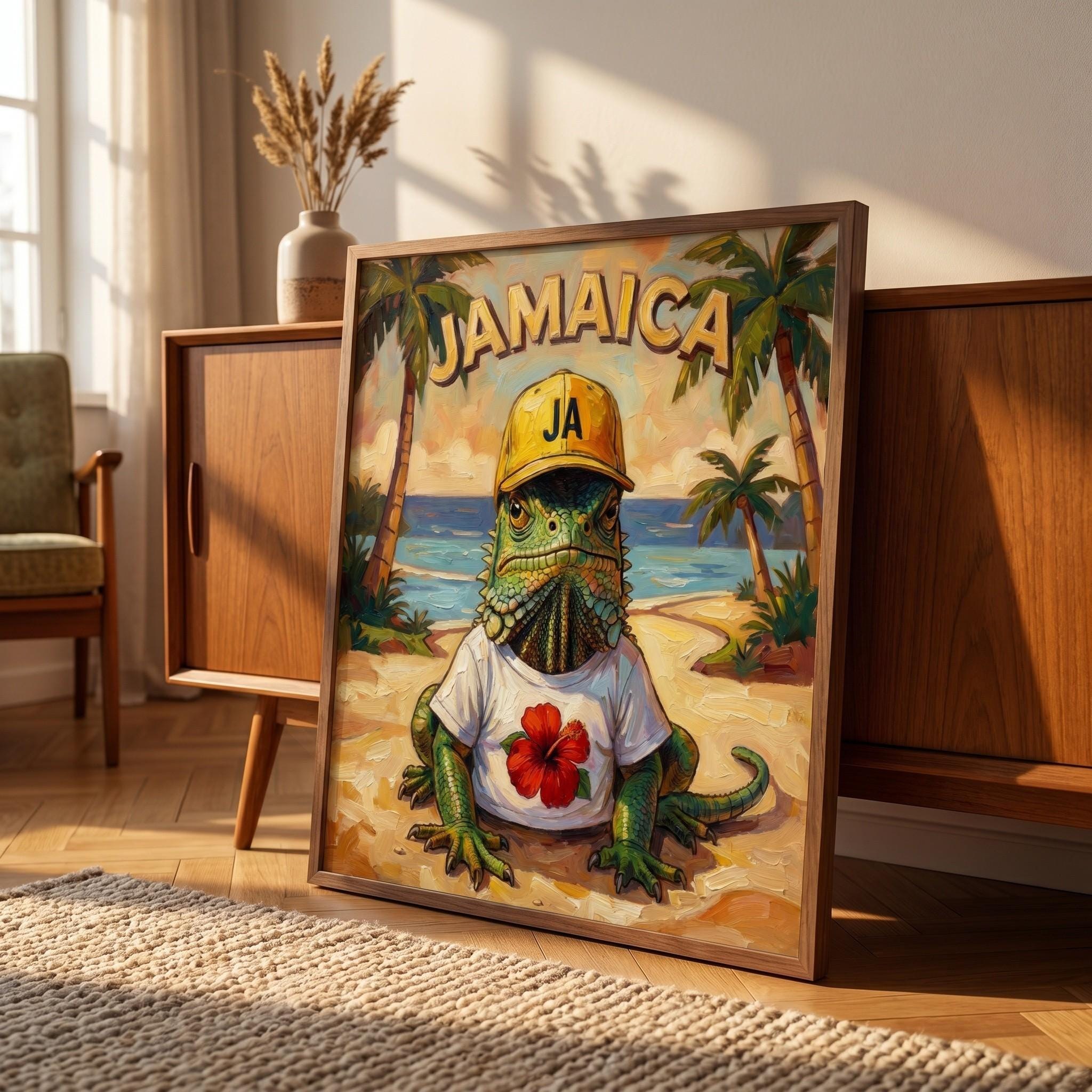 Jamaican Iguana Beach Art wearing Hibiscus Tee, giclée print, coastal wall decor, island vibes, view 4
