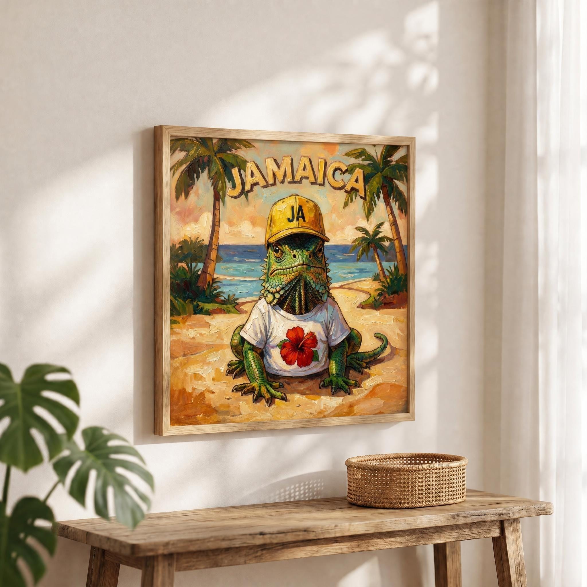 Jamaican Iguana Beach Art wearing Hibiscus Tee, giclée print, coastal wall decor, island vibes, view 5