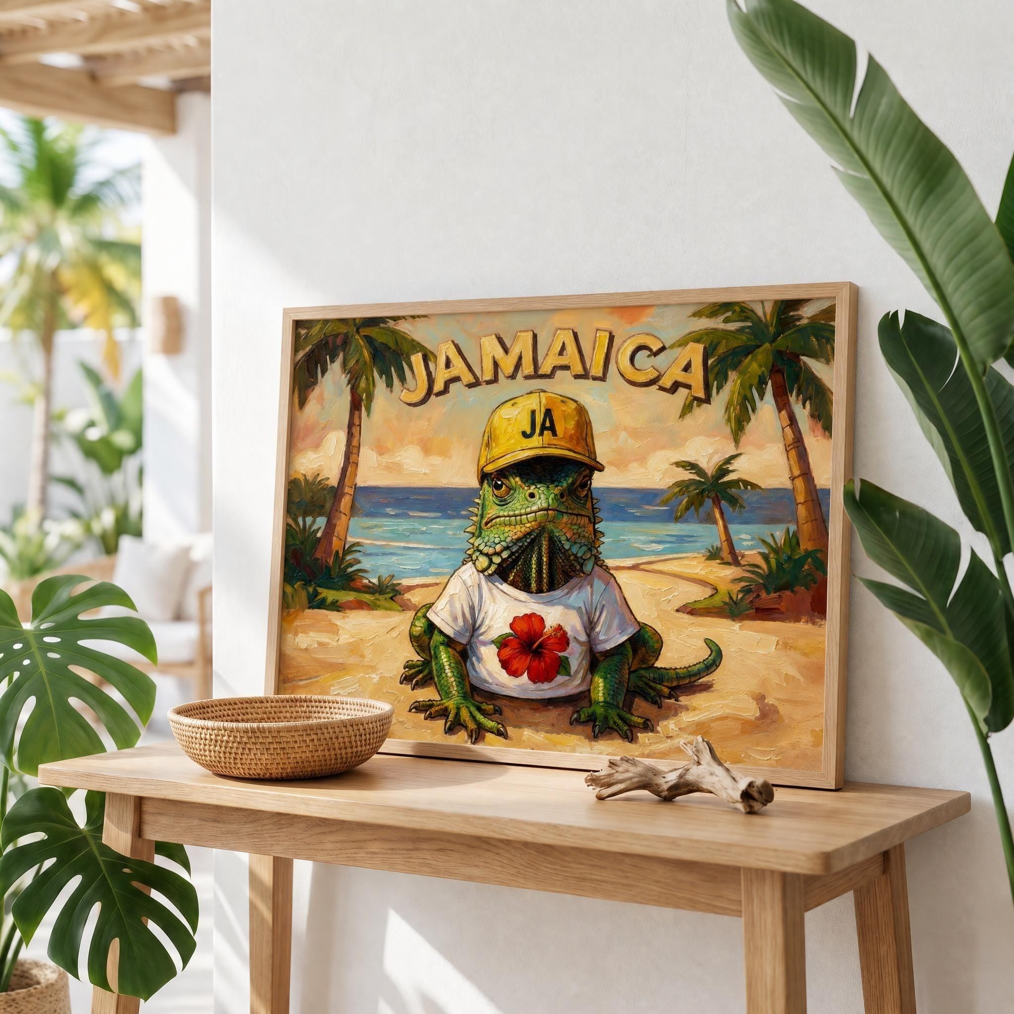 Jamaican Iguana Beach Art wearing Hibiscus Tee, giclée print, coastal wall decor, island vibes, view 6