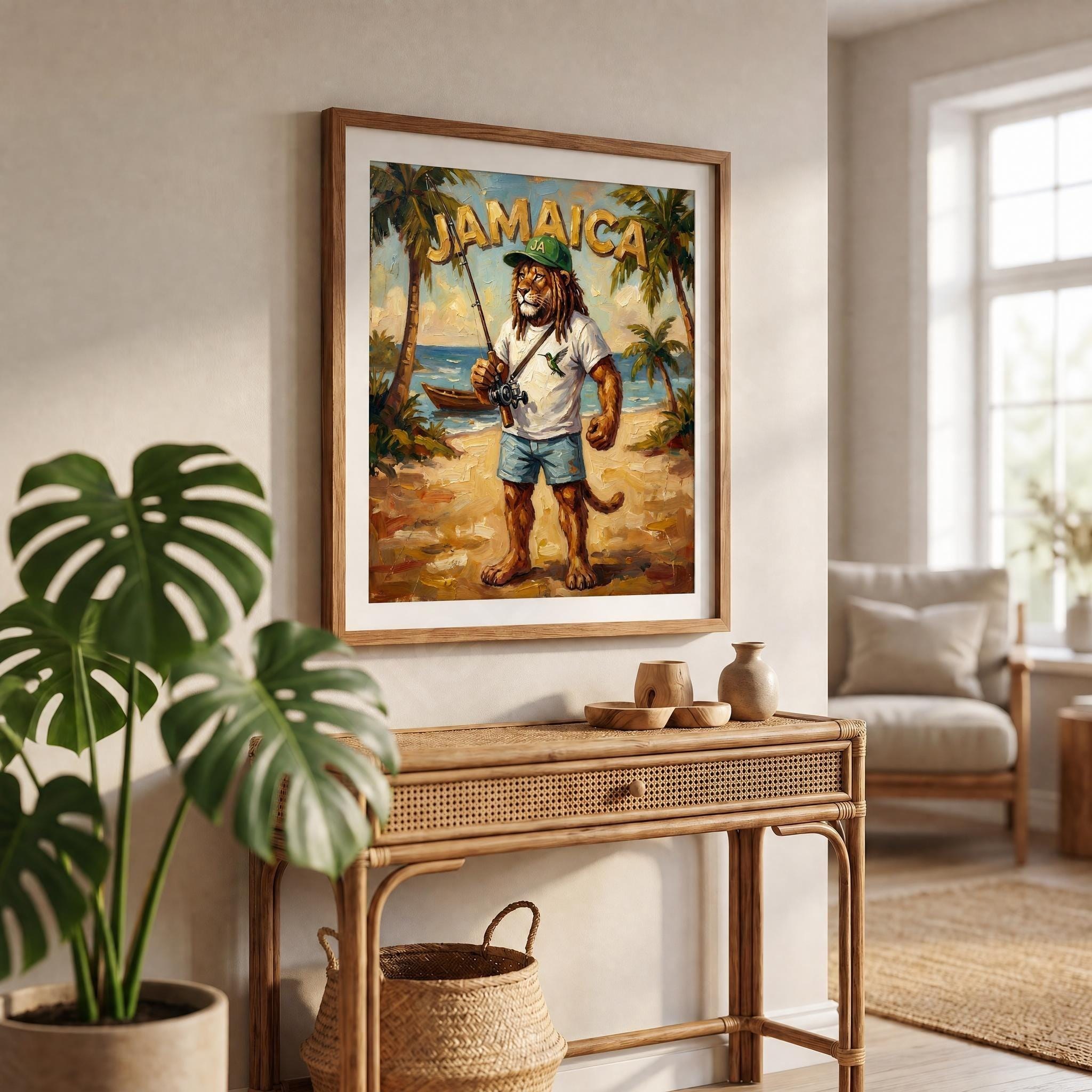 Tropical Lion Fisherman Jamaica Art Print, giclée, beach house wall art, reggae decor