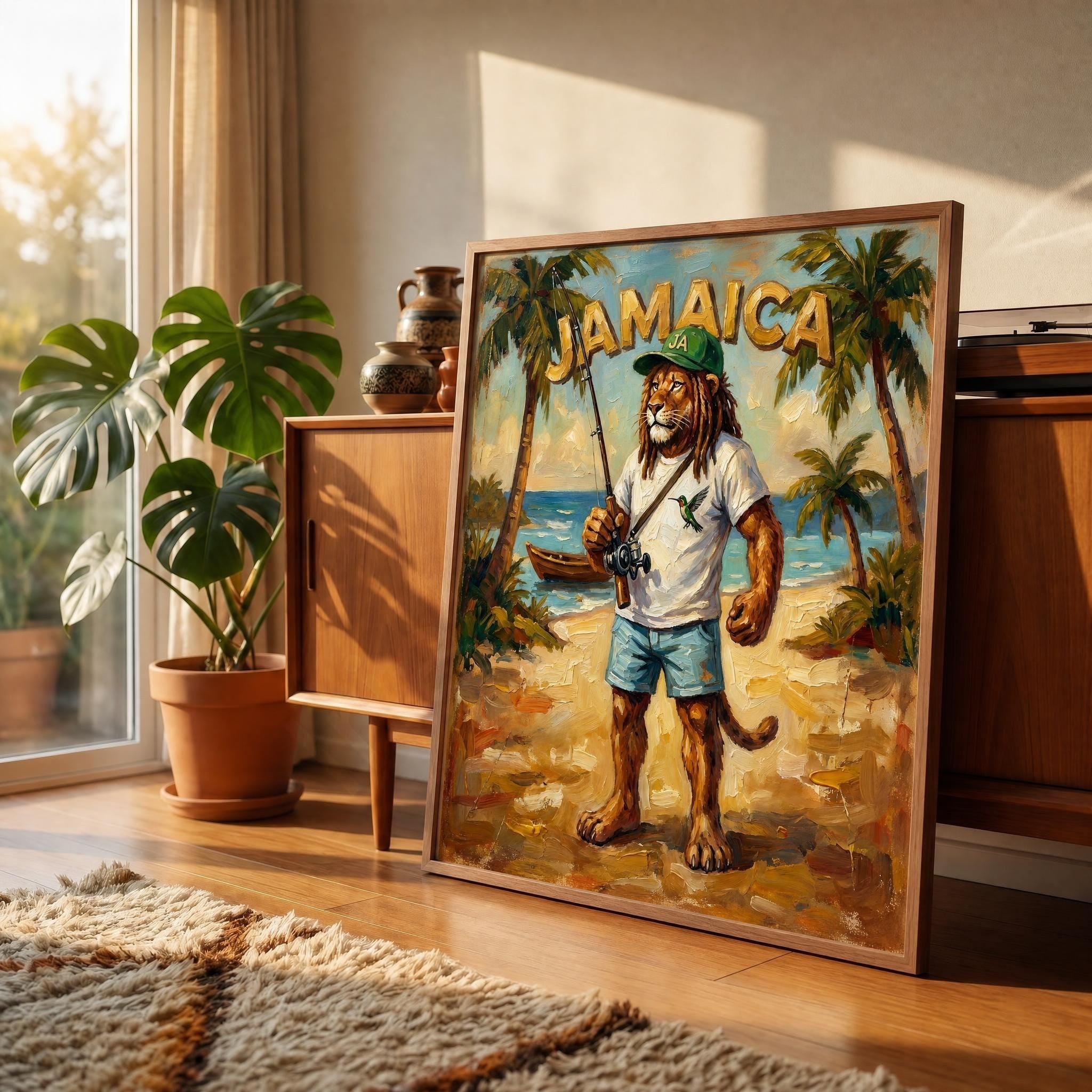 Tropical Lion Fisherman Jamaica Art Print, giclée, beach house wall art, reggae decor, view 4