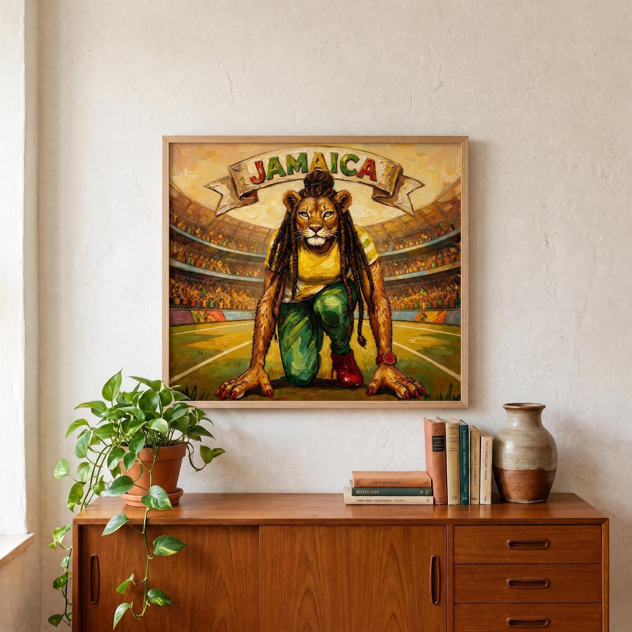 Jamaican Lioness Sprinter Art, giclée print, stadium runner illustration, reggae color palette