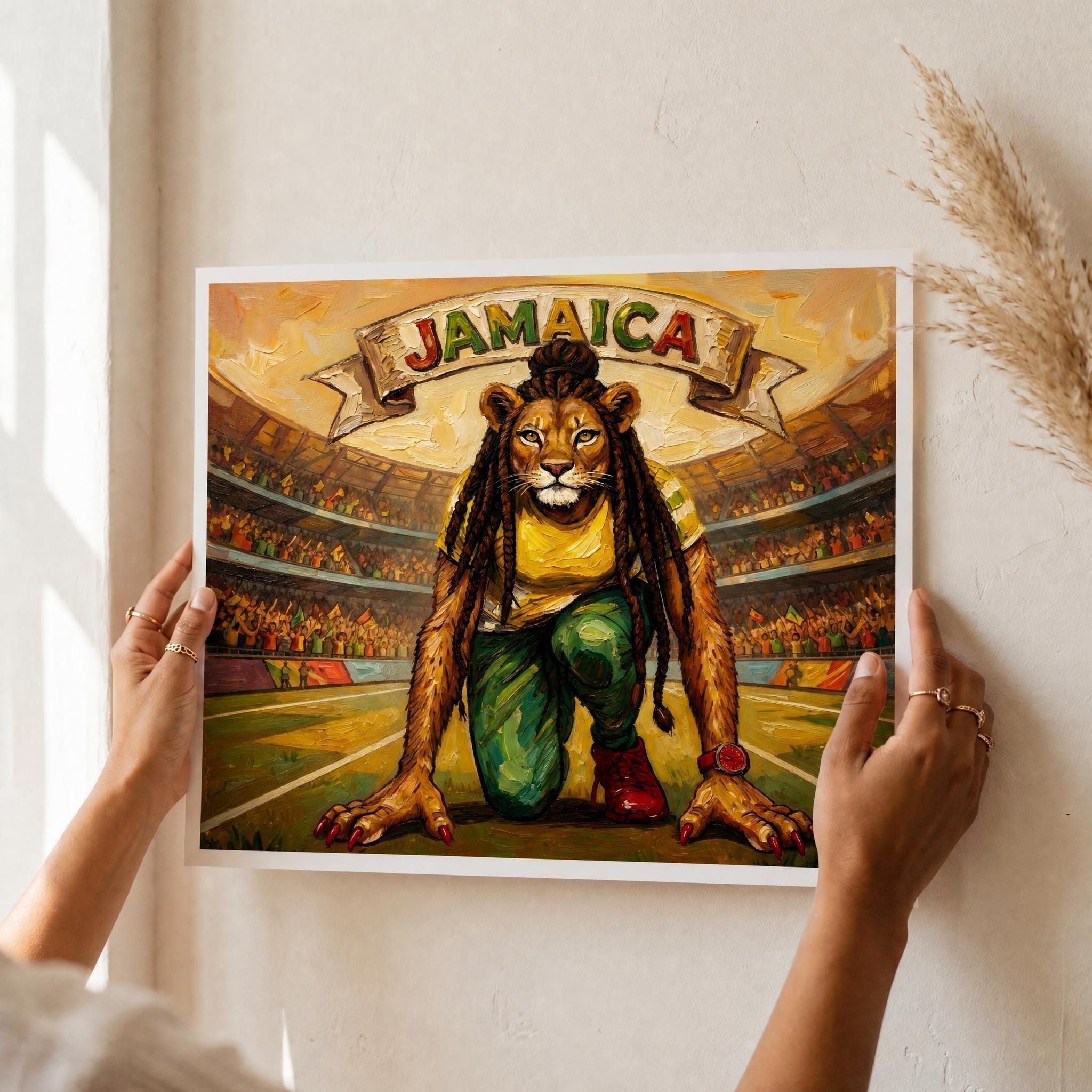 Jamaican Lioness Sprinter Art, giclée print, stadium runner illustration, reggae color palette, view 2