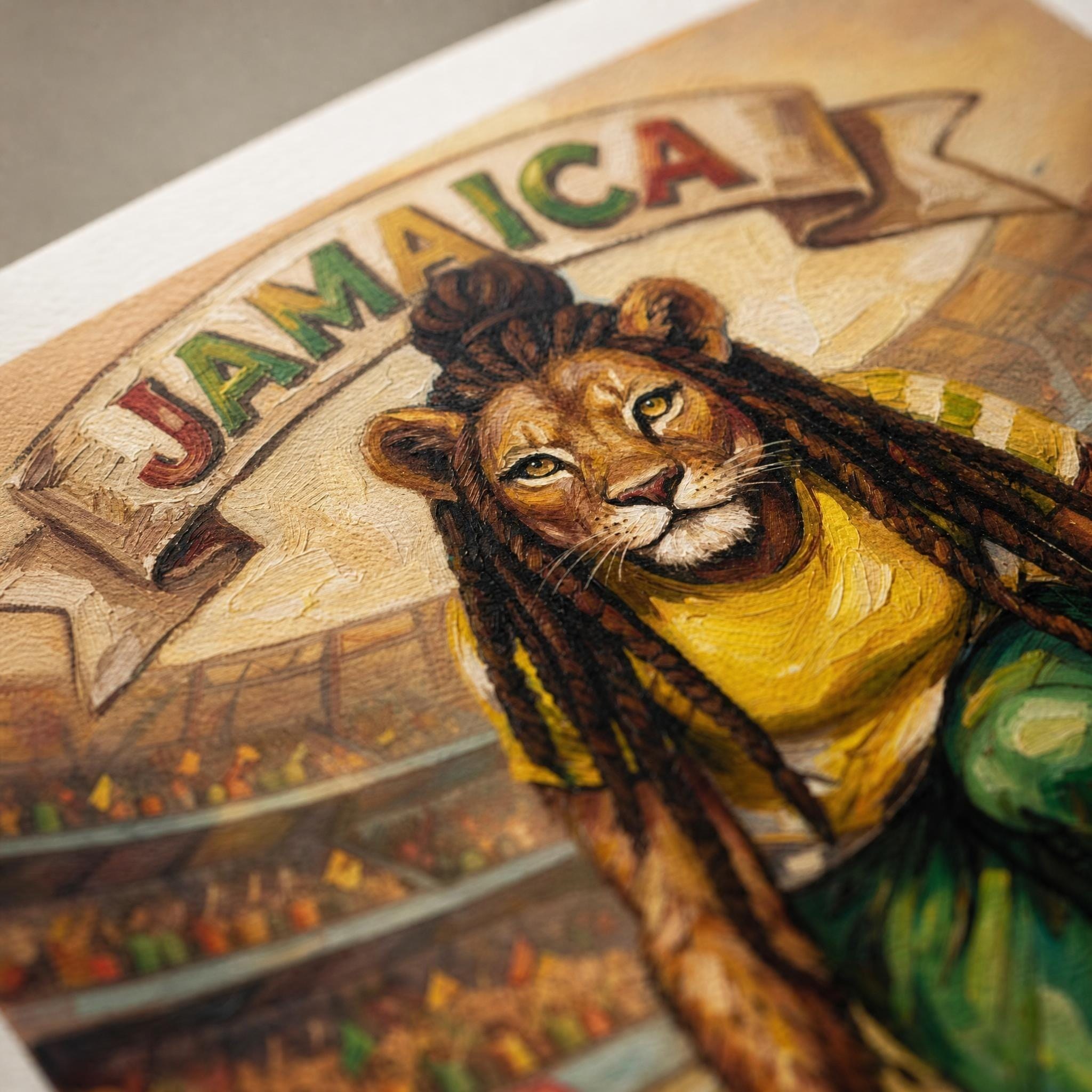 Jamaican Lioness Sprinter Art, giclée print, stadium runner illustration, reggae color palette, view 3
