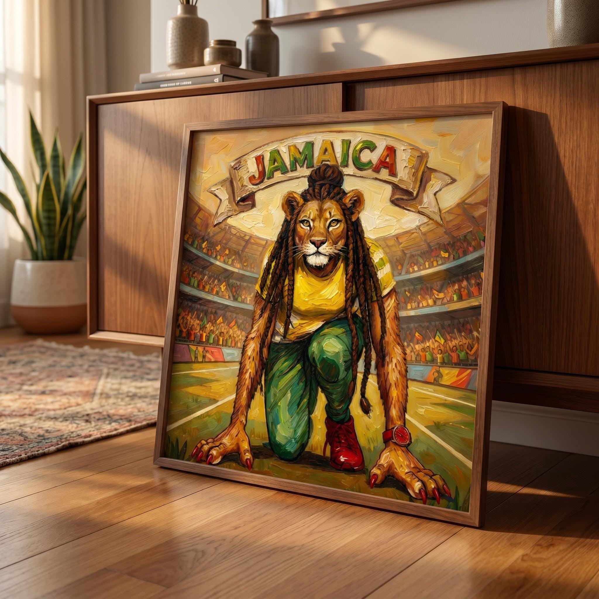 Jamaican Lioness Sprinter Art, giclée print, stadium runner illustration, reggae color palette, view 4