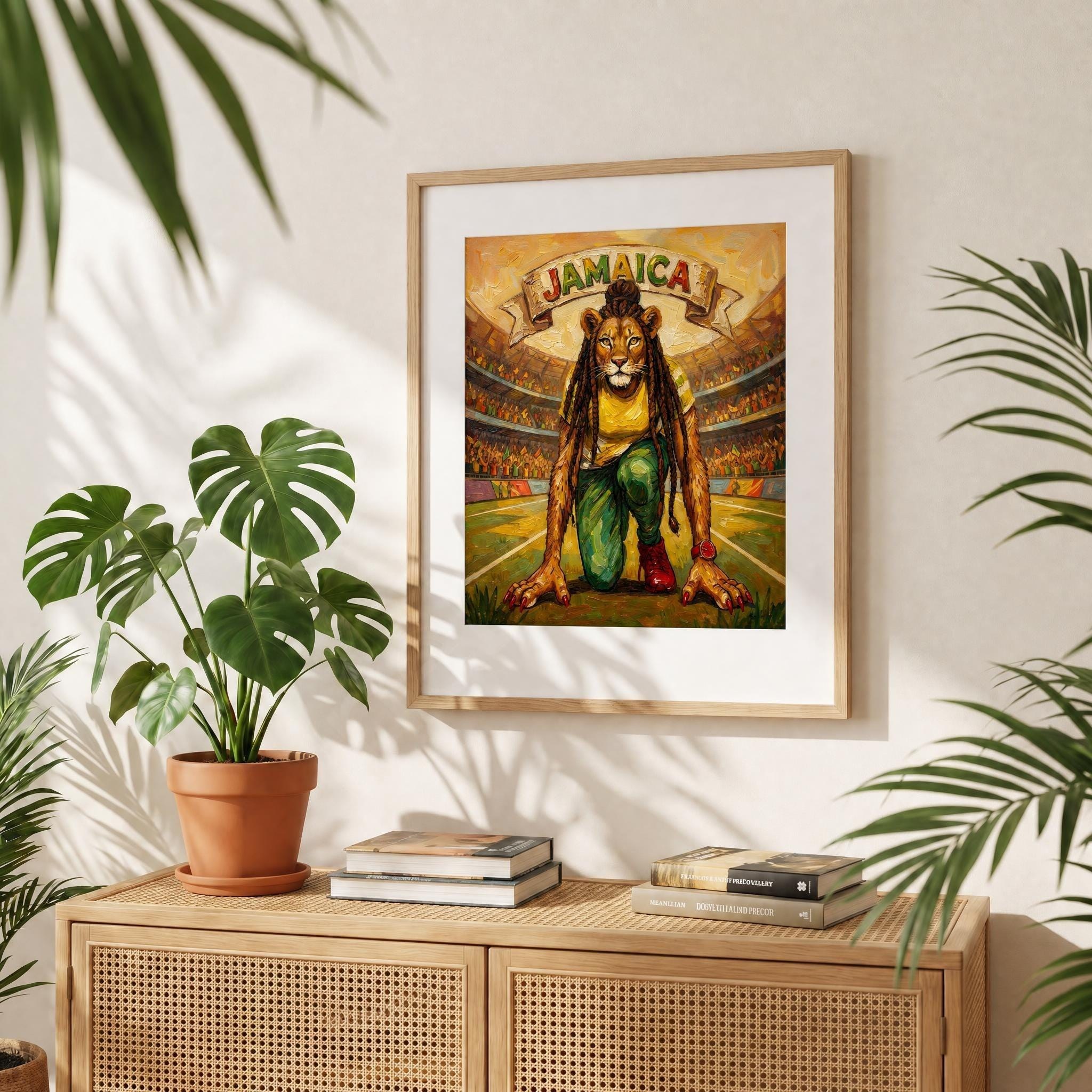 Jamaican Lioness Sprinter Art, giclée print, stadium runner illustration, reggae color palette, view 5