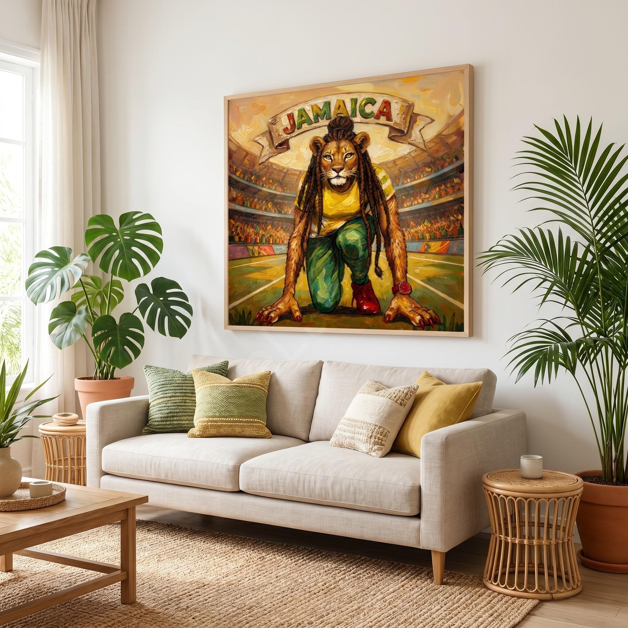 Jamaican Lioness Sprinter Art, giclée print, stadium runner illustration, reggae color palette, view 6