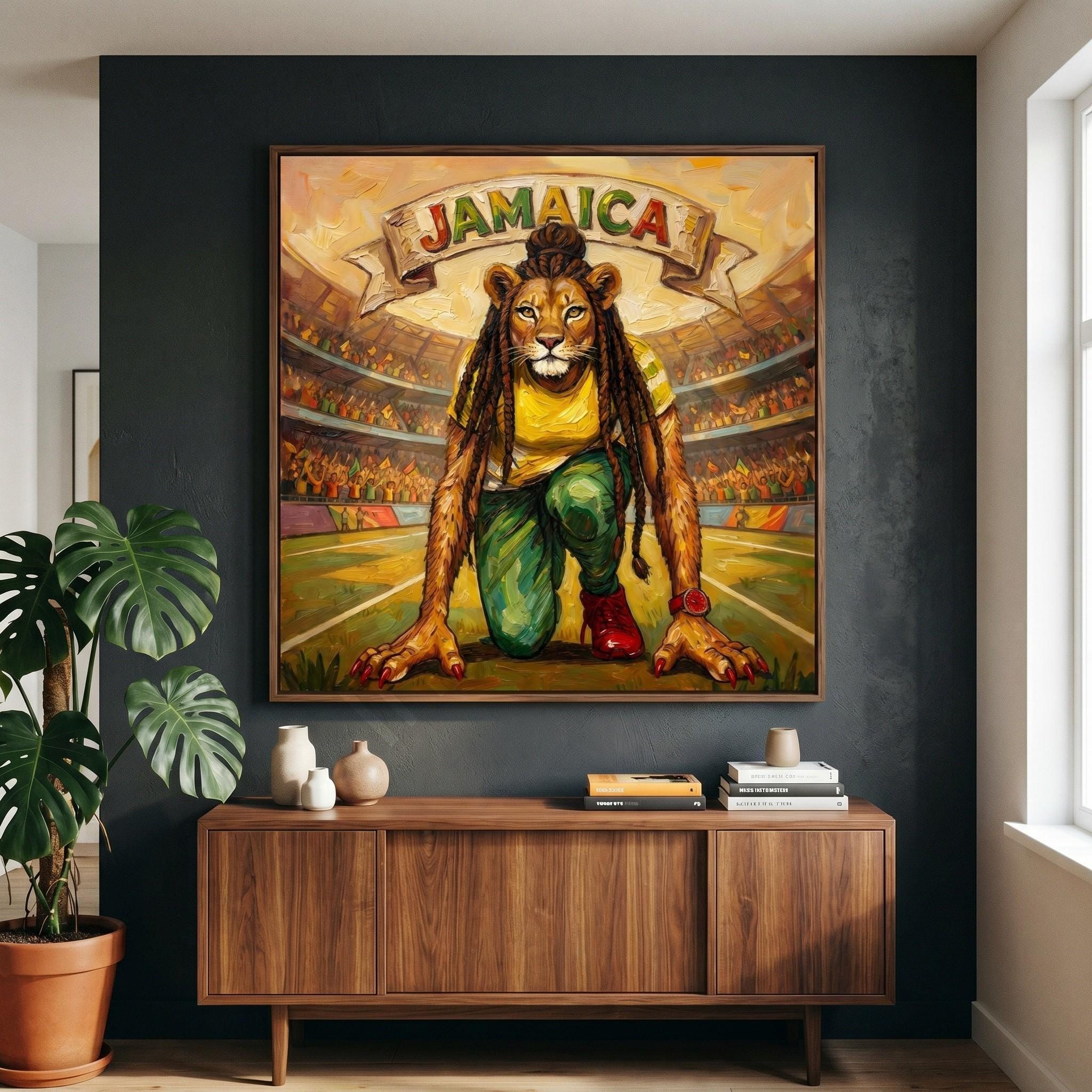 Jamaican Lioness Sprinter Art, giclée print, stadium runner illustration, reggae color palette, view 7