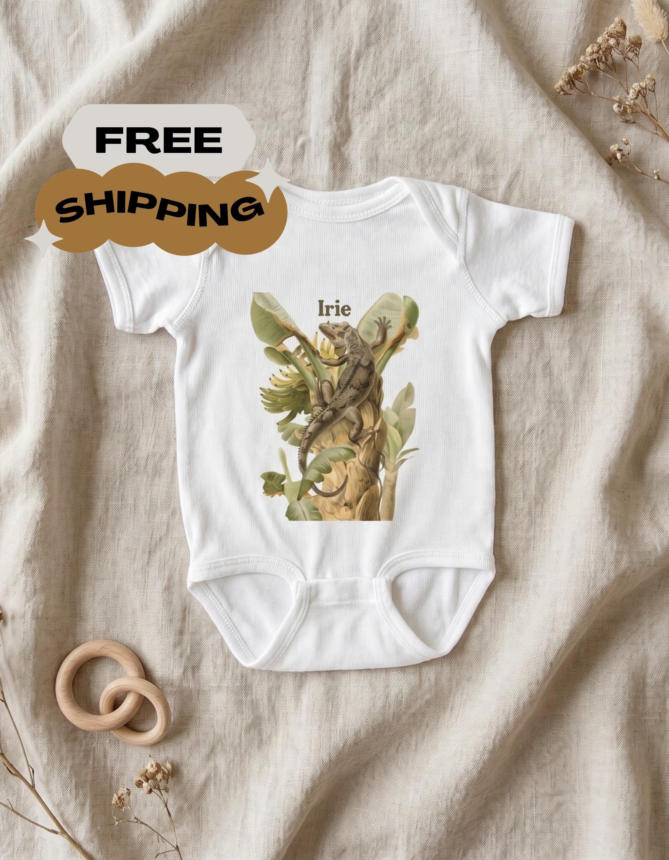 Vintage Botanical Iguana Baby Bodysuit, Tropical Banana Tree Illustration, Caribbean Nursery Gift