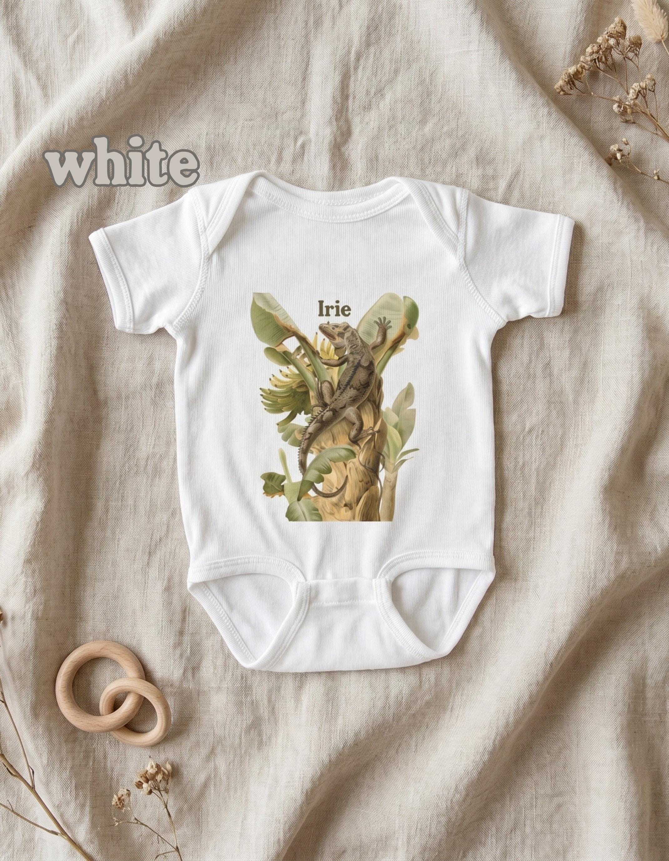 Vintage Botanical Iguana Baby Bodysuit, Tropical Banana Tree Illustration, Caribbean Nursery Gift, view 2
