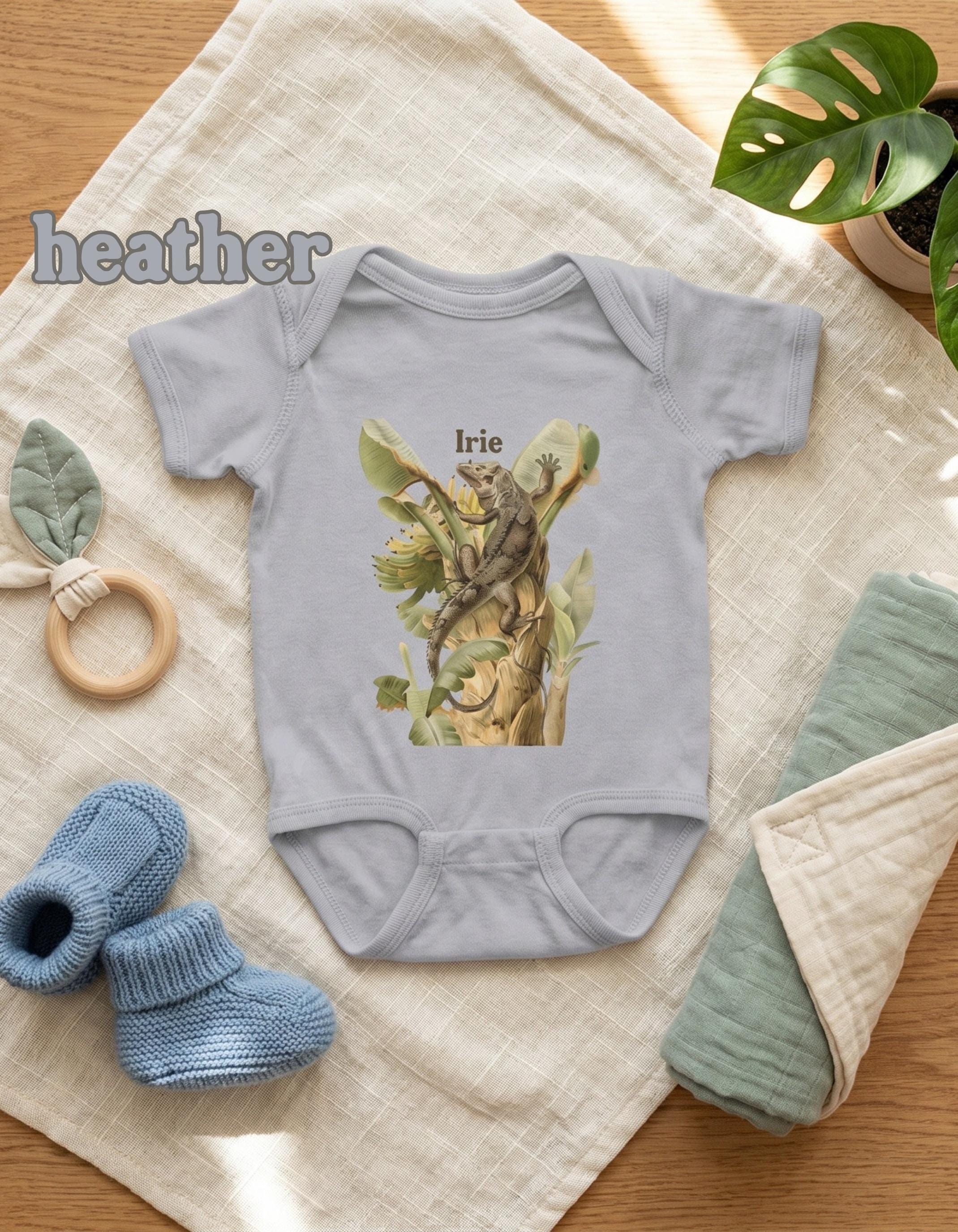 Vintage Botanical Iguana Baby Bodysuit, Tropical Banana Tree Illustration, Caribbean Nursery Gift, view 5