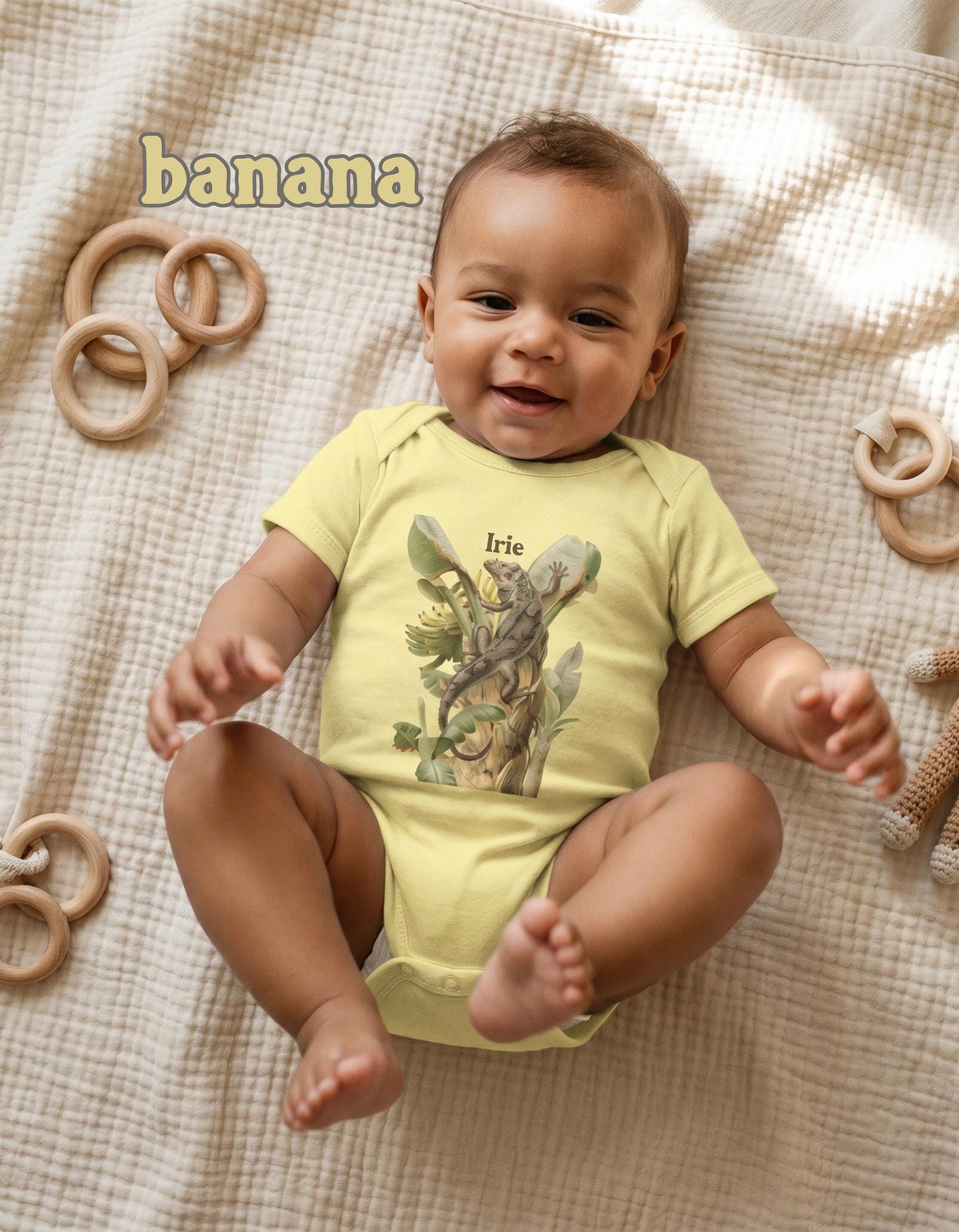 Vintage Botanical Iguana Baby Bodysuit, Tropical Banana Tree Illustration, Caribbean Nursery Gift, view 8