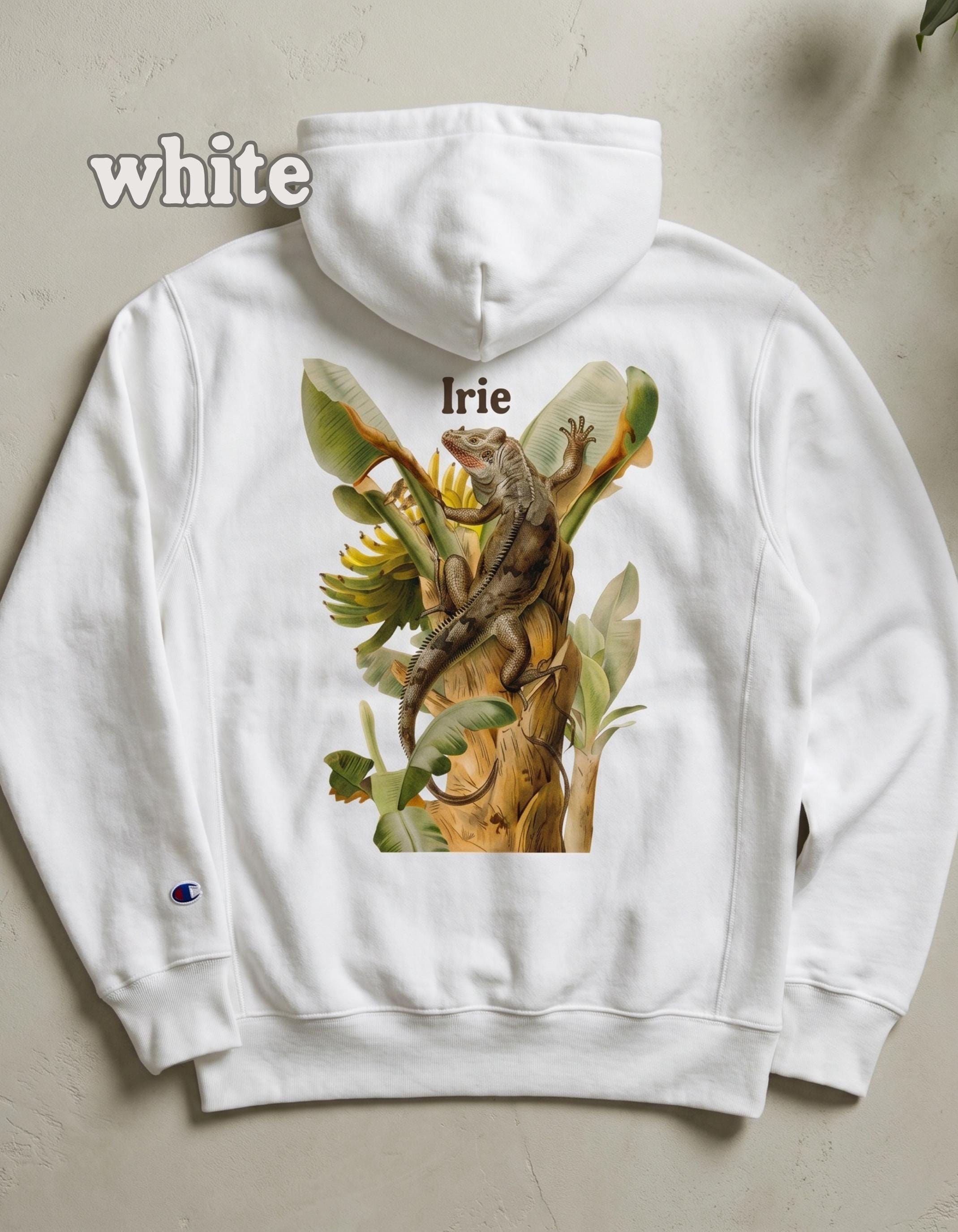 Tropical Iguana Banana Tree Hoodie by Champion®, island artwork, reggae inspired, arm logo