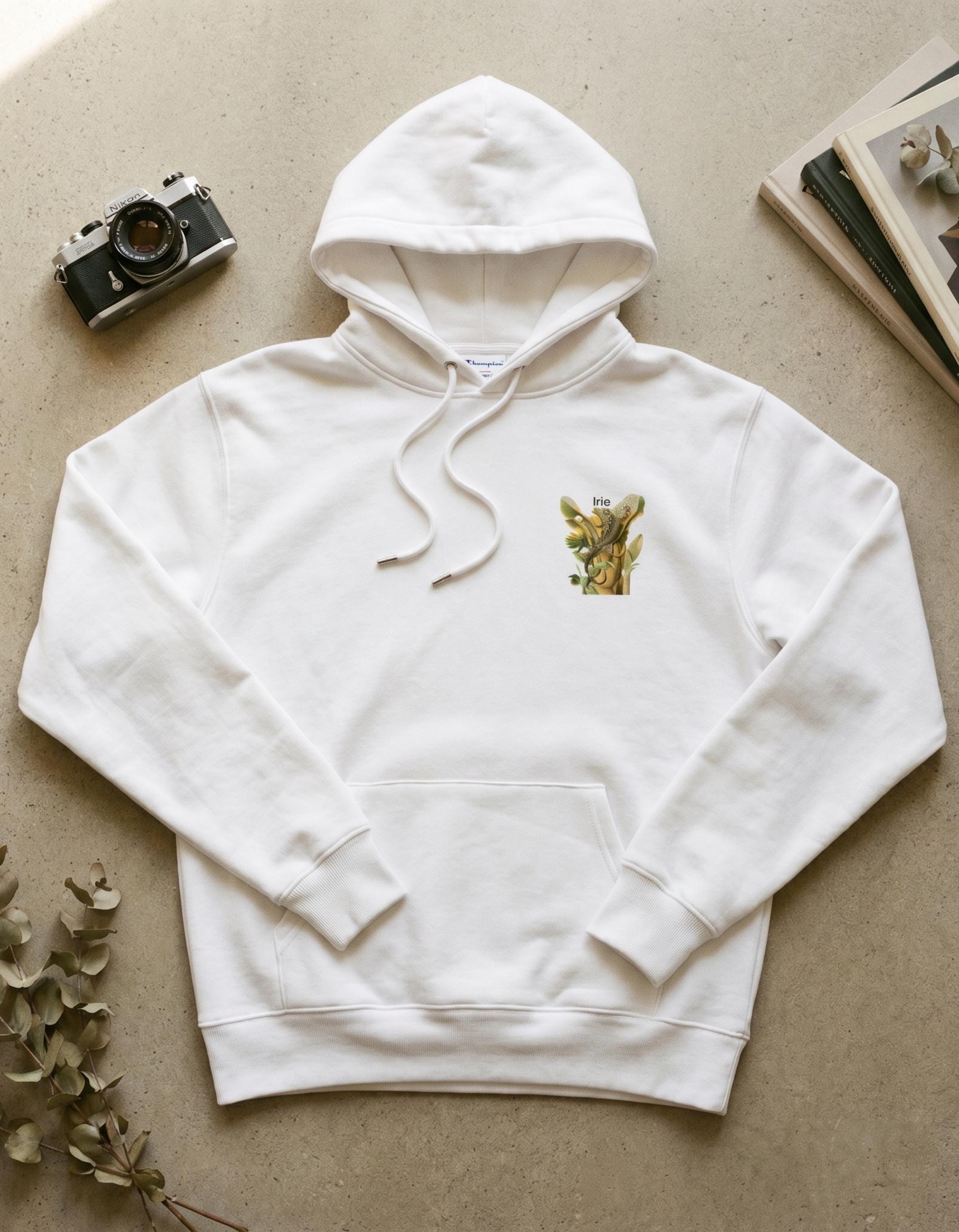 Tropical Iguana Banana Tree Hoodie by Champion®, island artwork, reggae inspired, arm logo, view 2