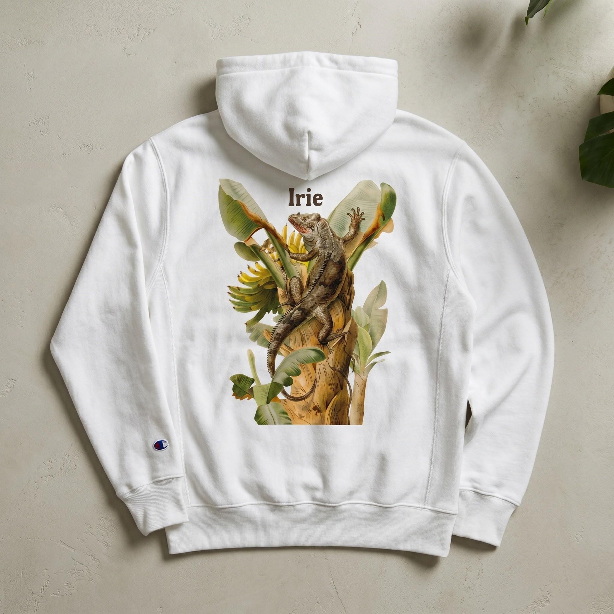 Tropical Iguana Banana Tree Hoodie by Champion®, island artwork, reggae inspired, arm logo, view 3