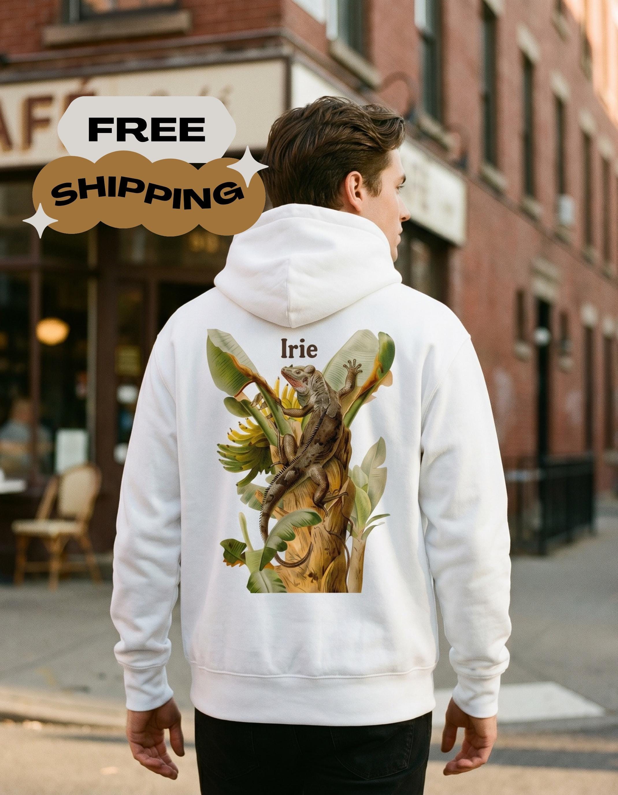 Tropical Iguana Banana Tree Hoodie by Champion®, island artwork, reggae inspired, arm logo, view 7