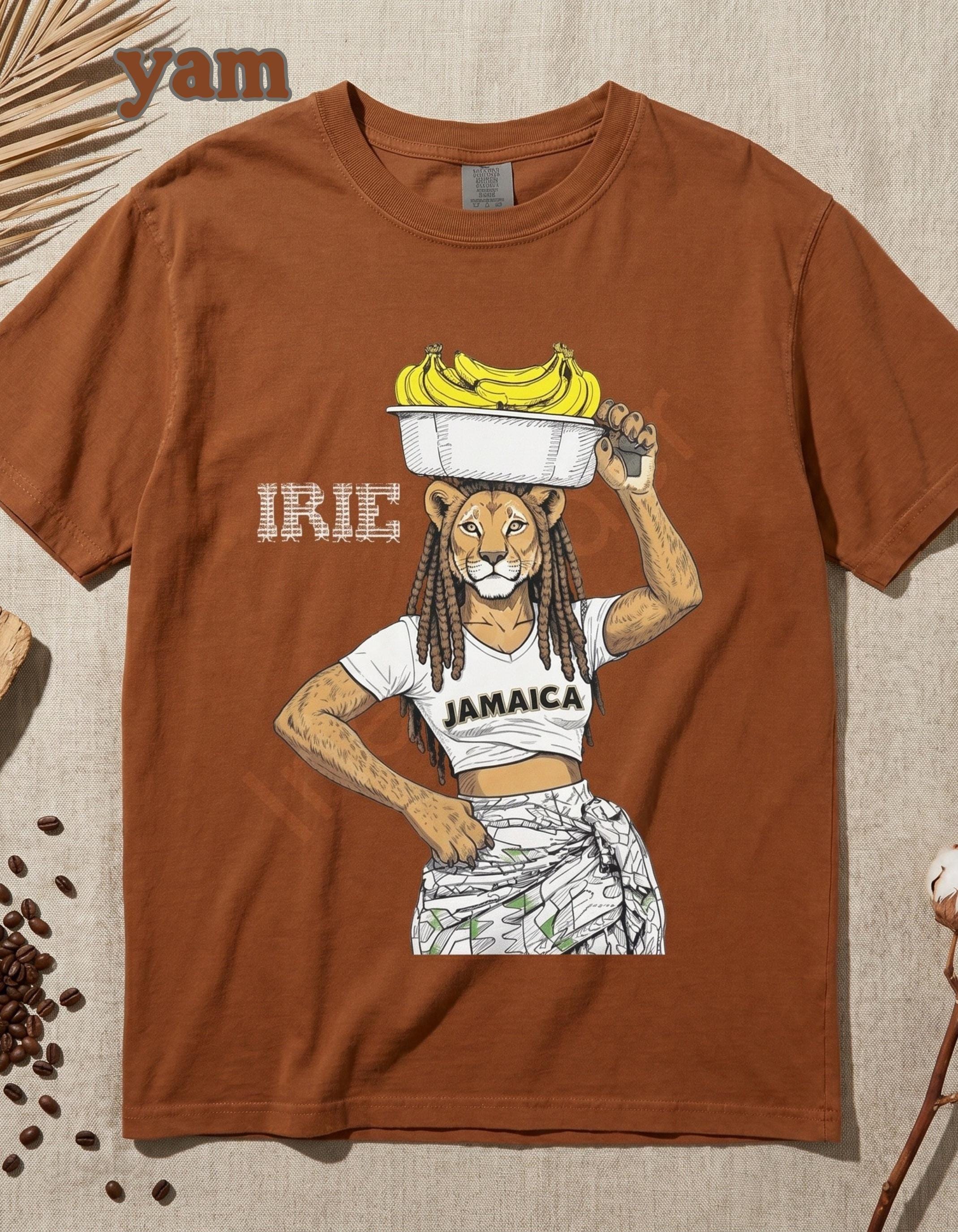 Jamaican Art Lioness Banana Graphic Unisex Tee, vintage style illustration, reggae art, caribbean vibes, view 2