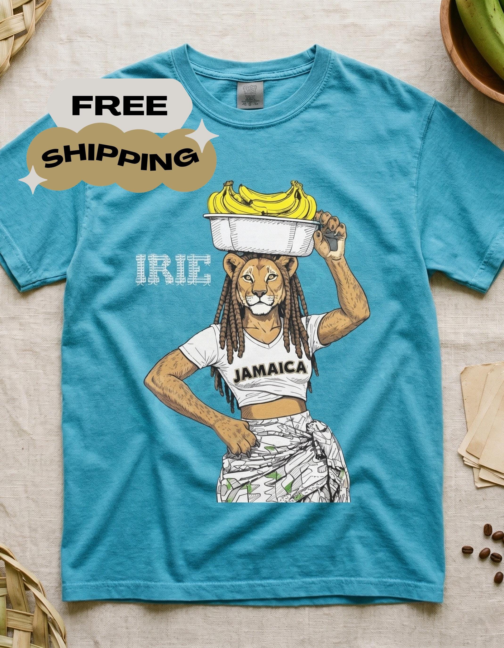 Jamaican Art Lioness Banana Graphic Unisex Tee, vintage style illustration, reggae art, caribbean vibes, view 4