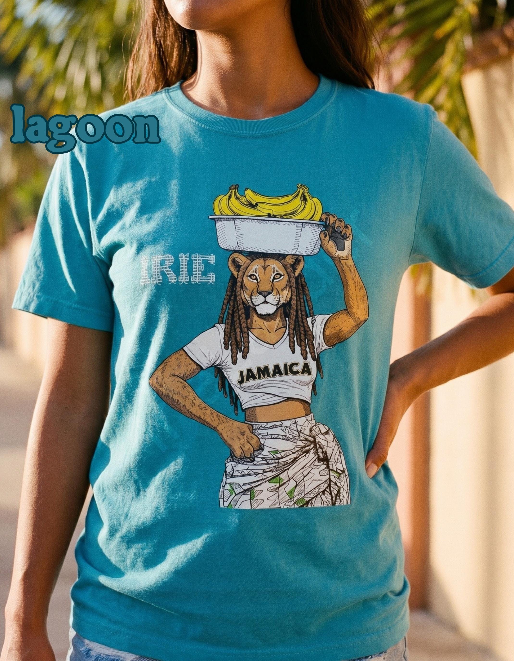 Jamaican Art Lioness Banana Graphic Unisex Tee, vintage style illustration, reggae art, caribbean vibes, view 5