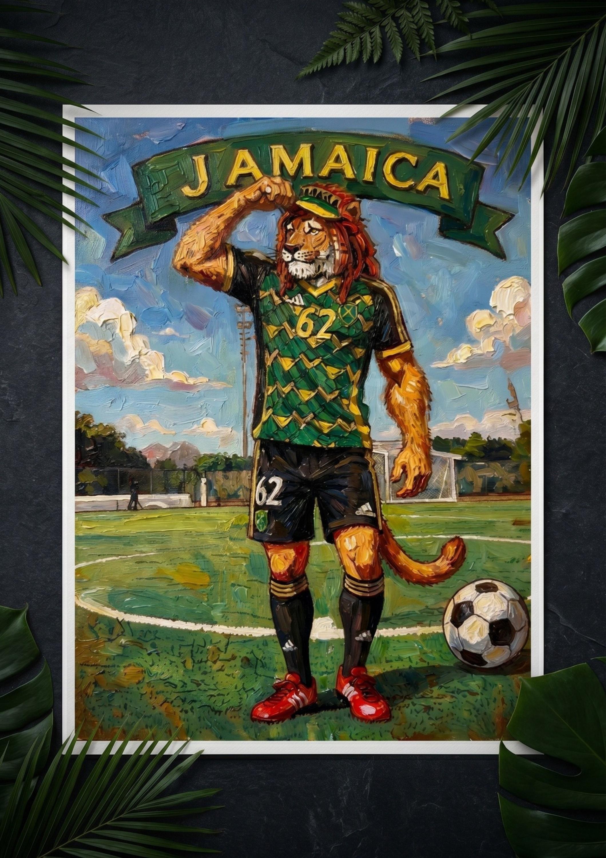 Rasta Lion Footballer Jamaica Art Print, giclée, reggae art wall decor, sports, view 2