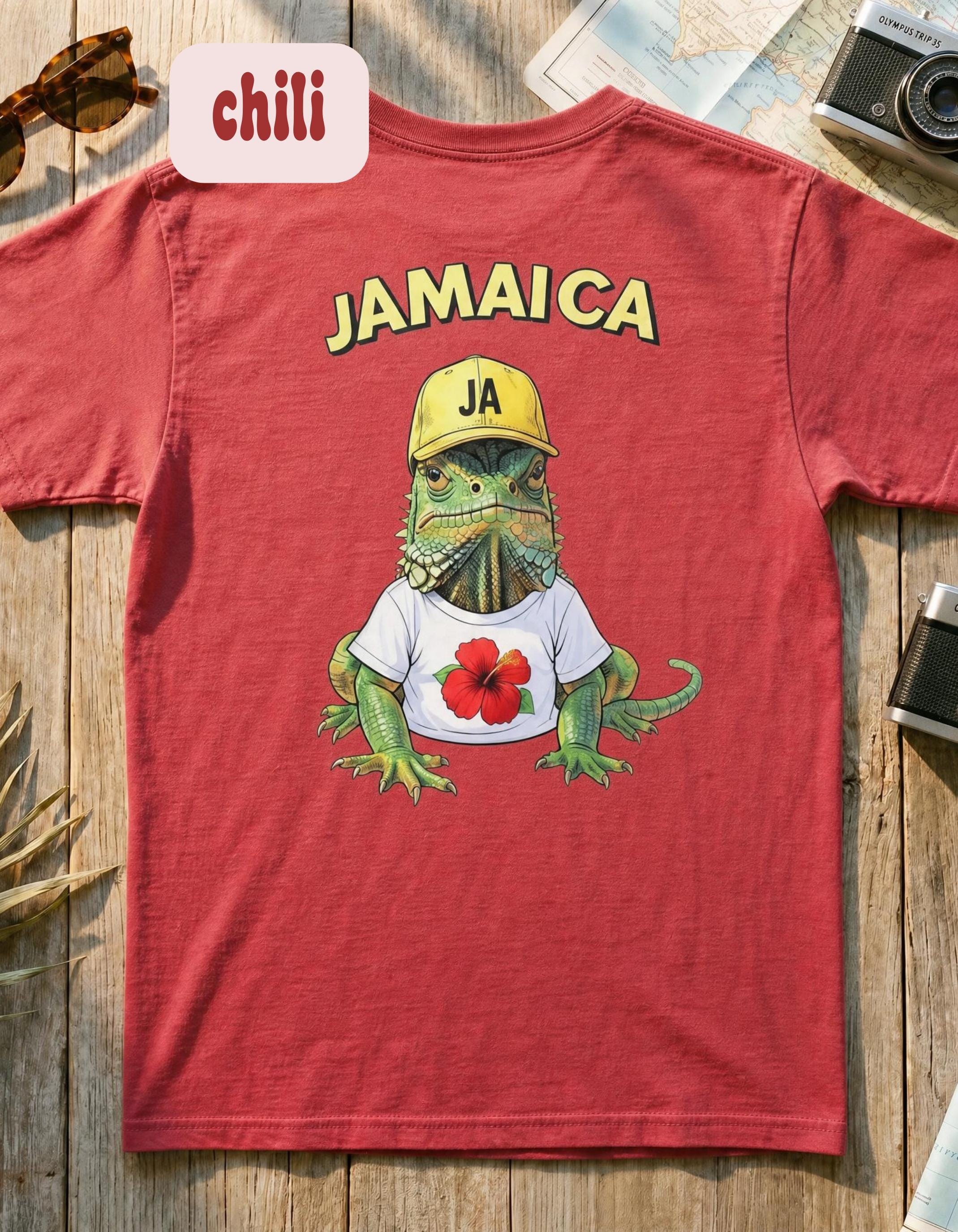 Jamaica Iguana T-Shirt, soft washed cotton, relaxed unisex fit, hibiscus art, summer vacation top