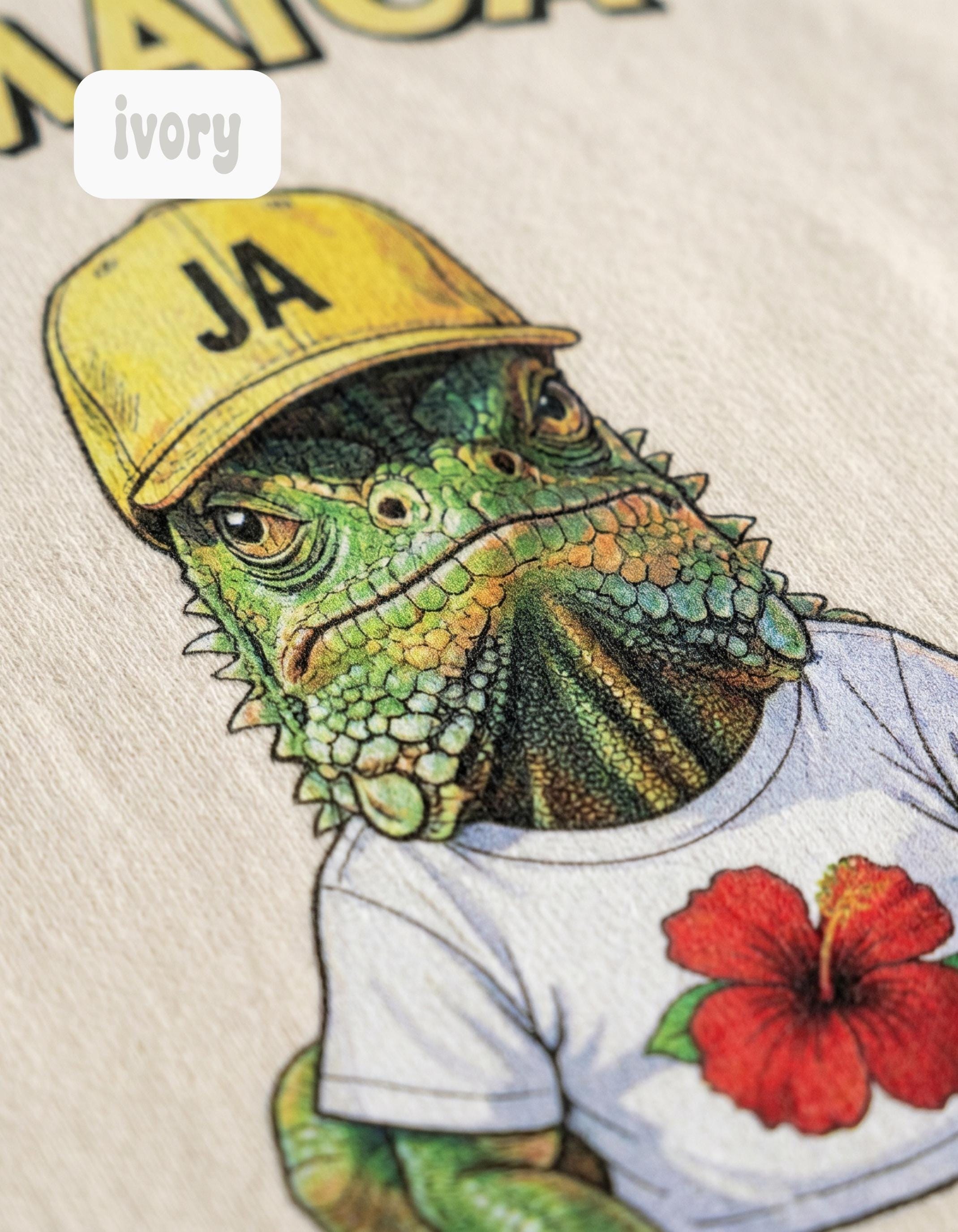 Jamaica Iguana T-Shirt, soft washed cotton, relaxed unisex fit, hibiscus art, summer vacation top, view 2