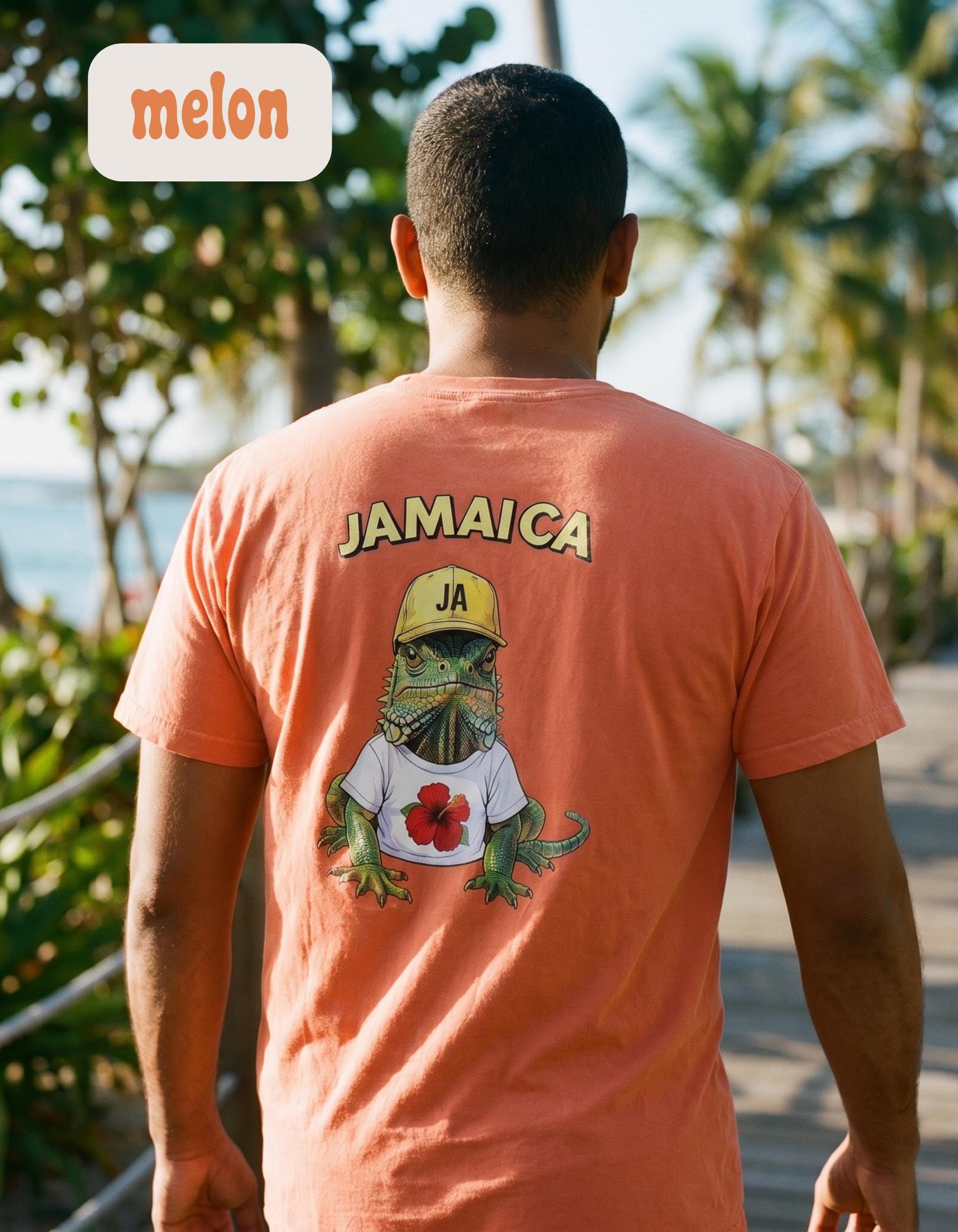 Jamaica Iguana T-Shirt, soft washed cotton, relaxed unisex fit, hibiscus art, summer vacation top, view 5