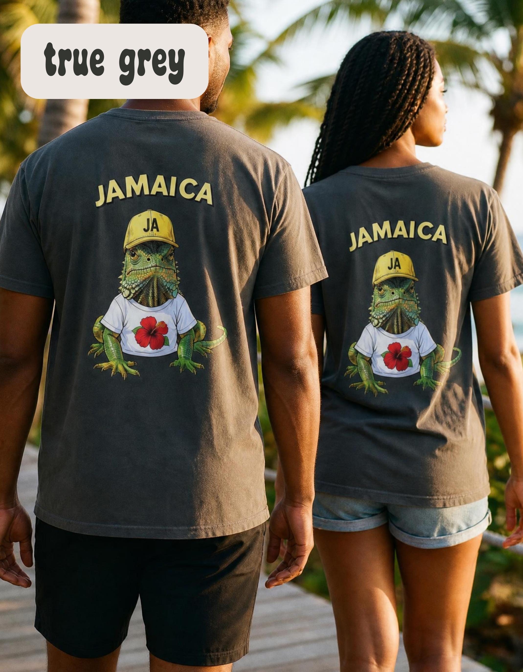 Jamaica Iguana T-Shirt, soft washed cotton, relaxed unisex fit, hibiscus art, summer vacation top, view 6