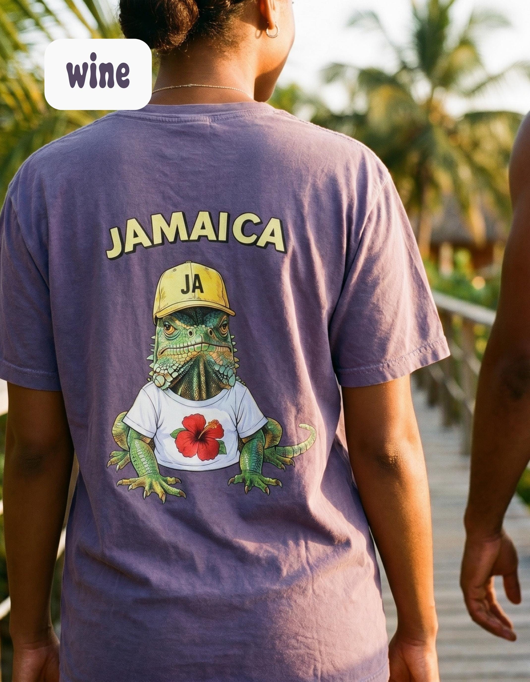 Jamaica Iguana T-Shirt, soft washed cotton, relaxed unisex fit, hibiscus art, summer vacation top, view 9