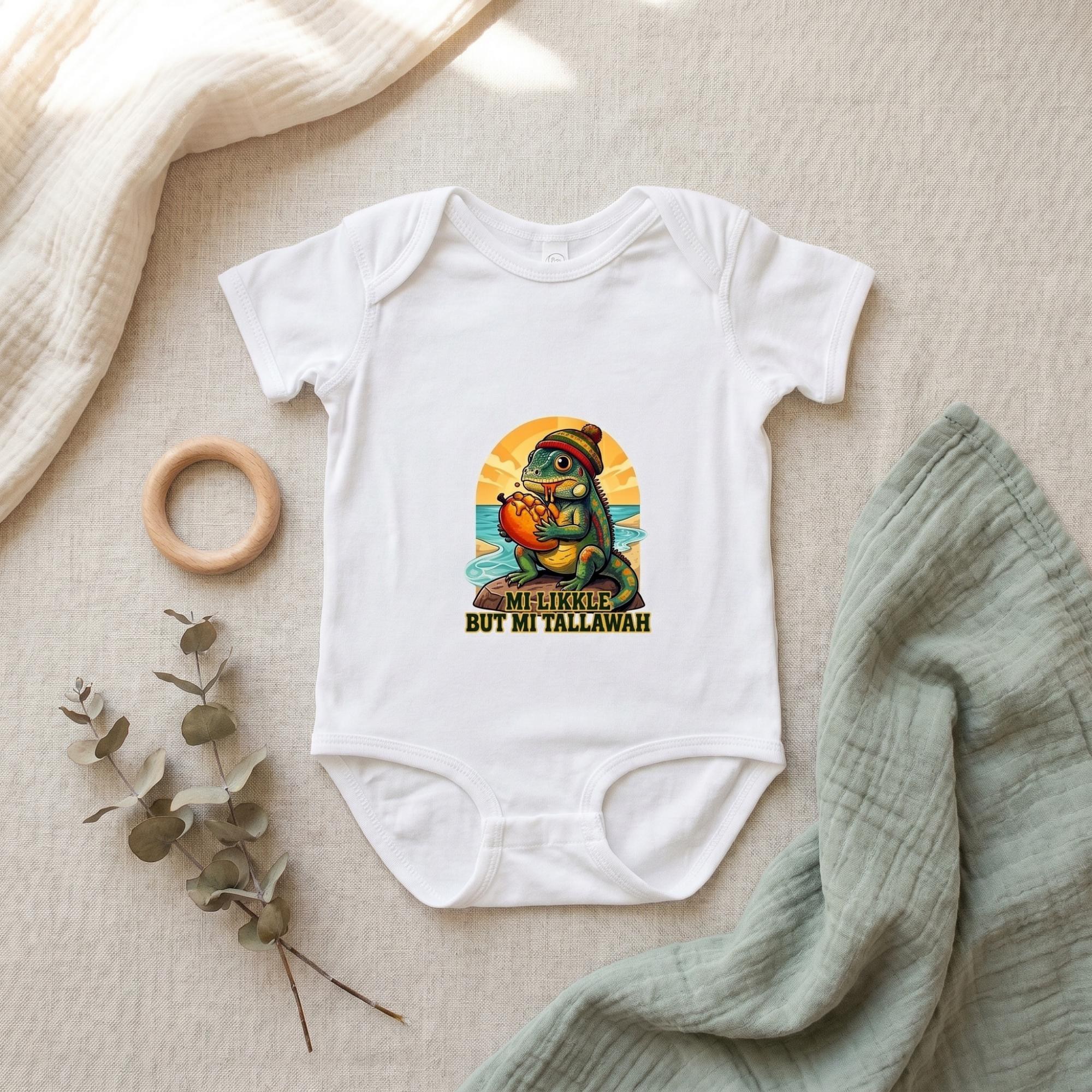 Jamaica Iguana Baby Bodysuit with Patois Quote, reggae art graphic, rasta inspired