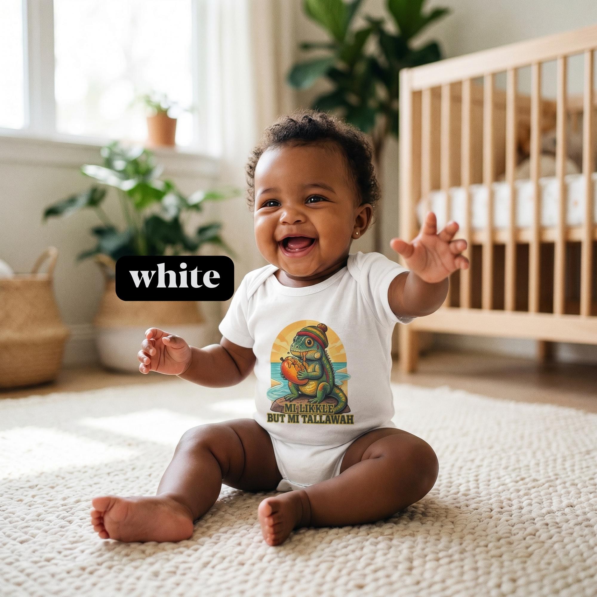 Jamaica Iguana Baby Bodysuit with Patois Quote, reggae art graphic, rasta inspired, view 2