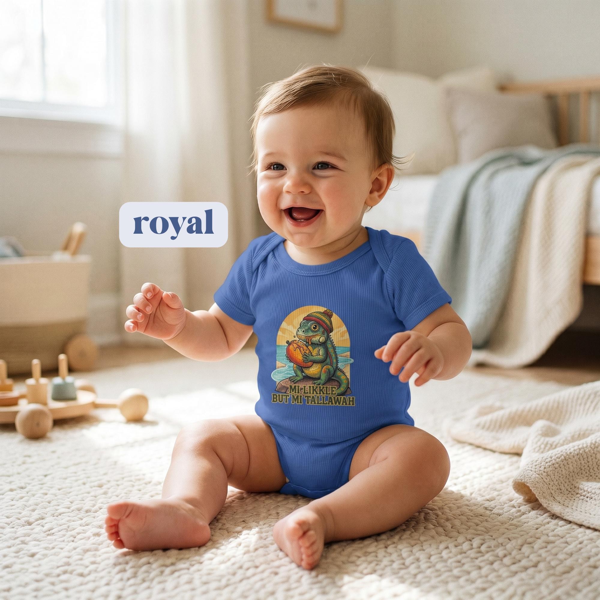 Jamaica Iguana Baby Bodysuit with Patois Quote, reggae art graphic, rasta inspired, view 3