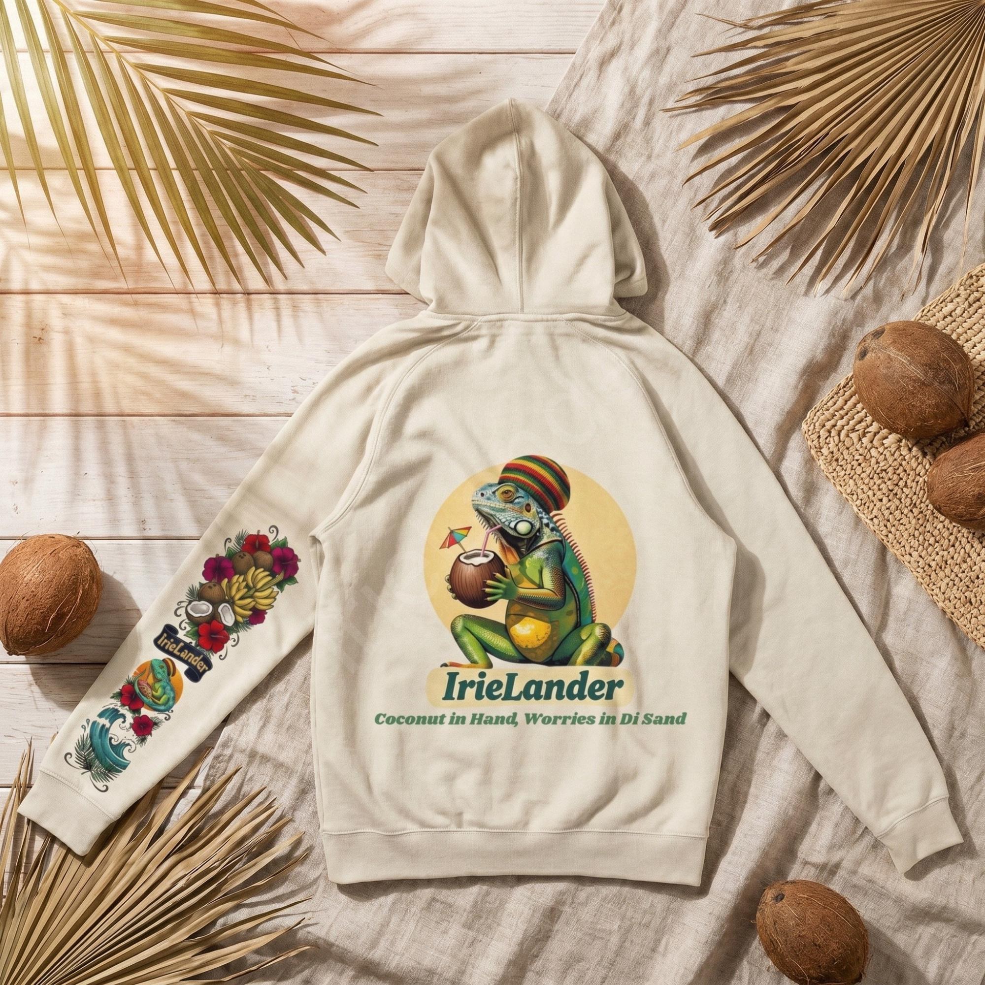 IrieLander® Coconut Iguana Beach Hoodie, unisex sweatshirt, Jamaica art, rasta inspired, sleeve print
