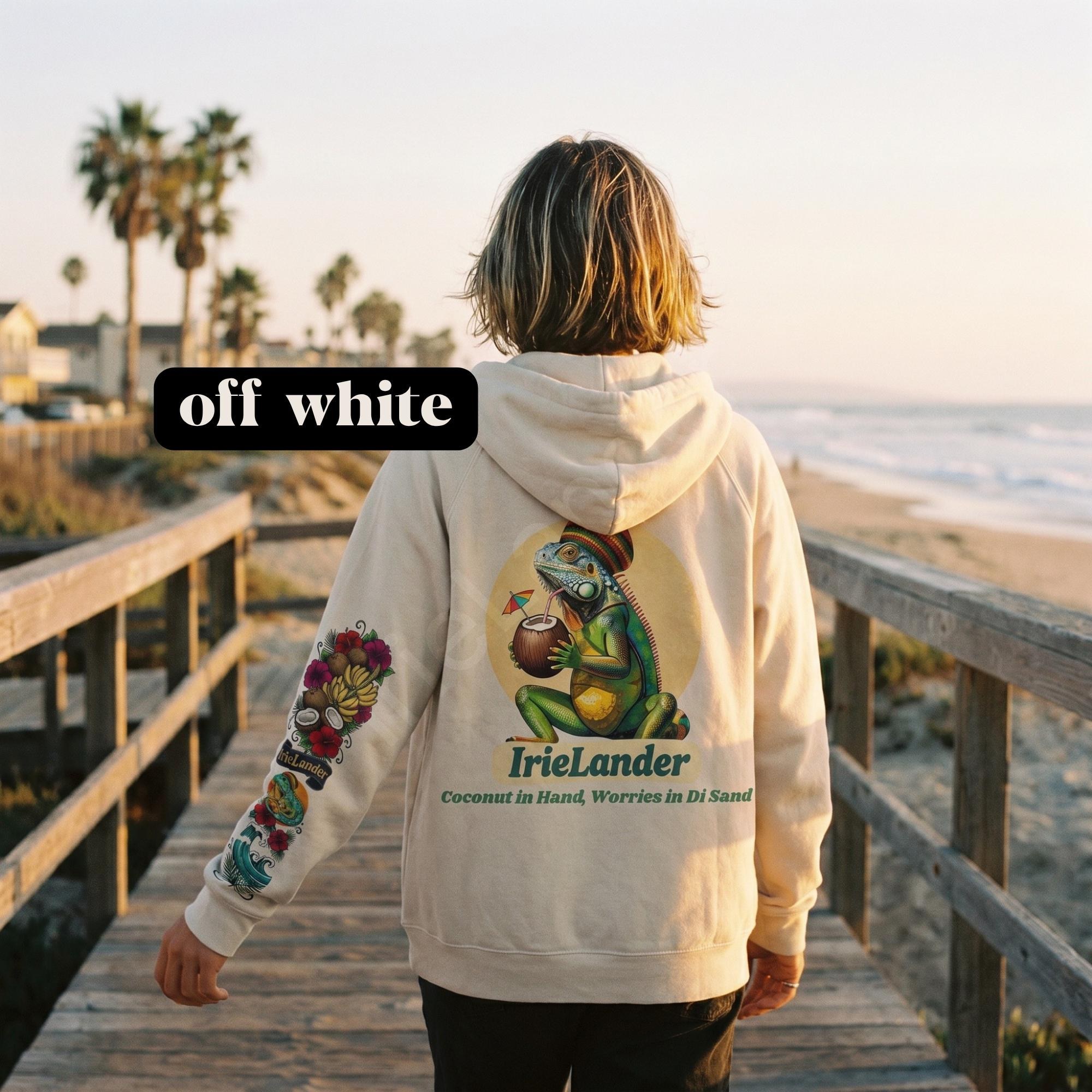 IrieLander® Coconut Iguana Beach Hoodie, unisex sweatshirt, Jamaica art, rasta inspired, sleeve print, view 2