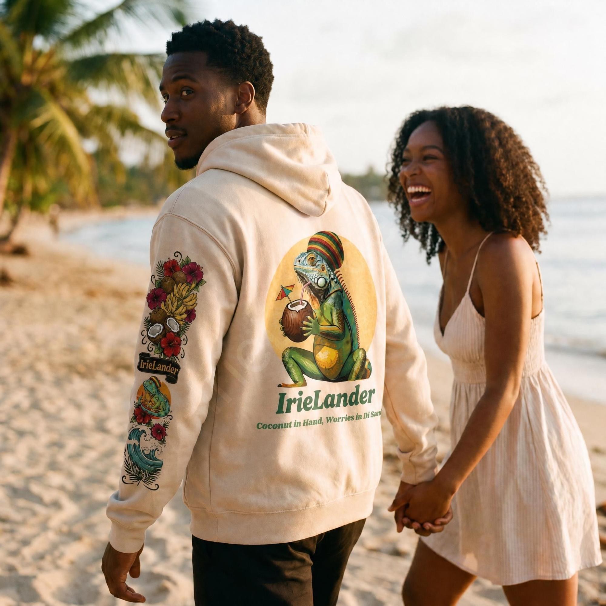 IrieLander® Coconut Iguana Beach Hoodie, unisex sweatshirt, Jamaica art, rasta inspired, sleeve print, view 3