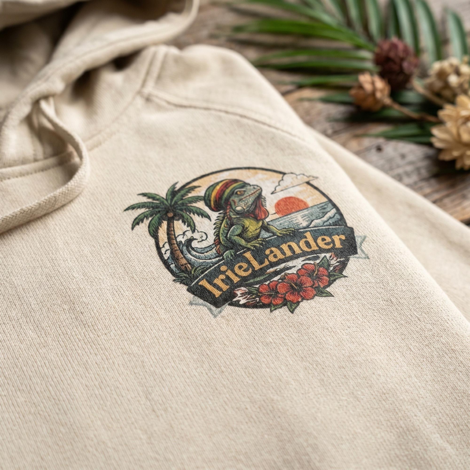 IrieLander® Coconut Iguana Beach Hoodie, unisex sweatshirt, Jamaica art, rasta inspired, sleeve print, view 4