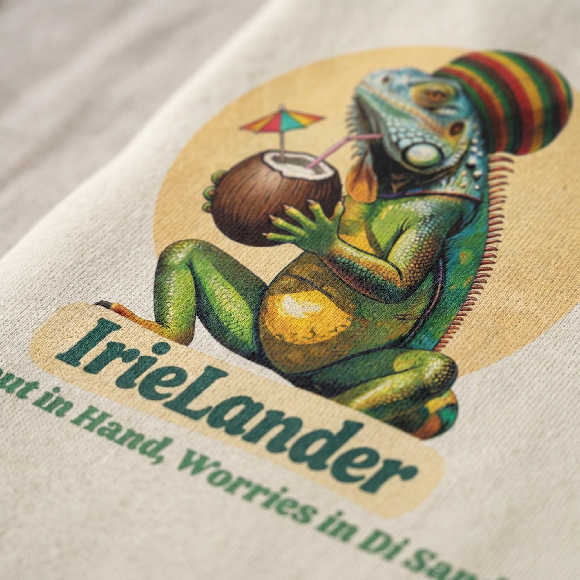 IrieLander® Coconut Iguana Beach Hoodie, unisex sweatshirt, Jamaica art, rasta inspired, sleeve print, view 5