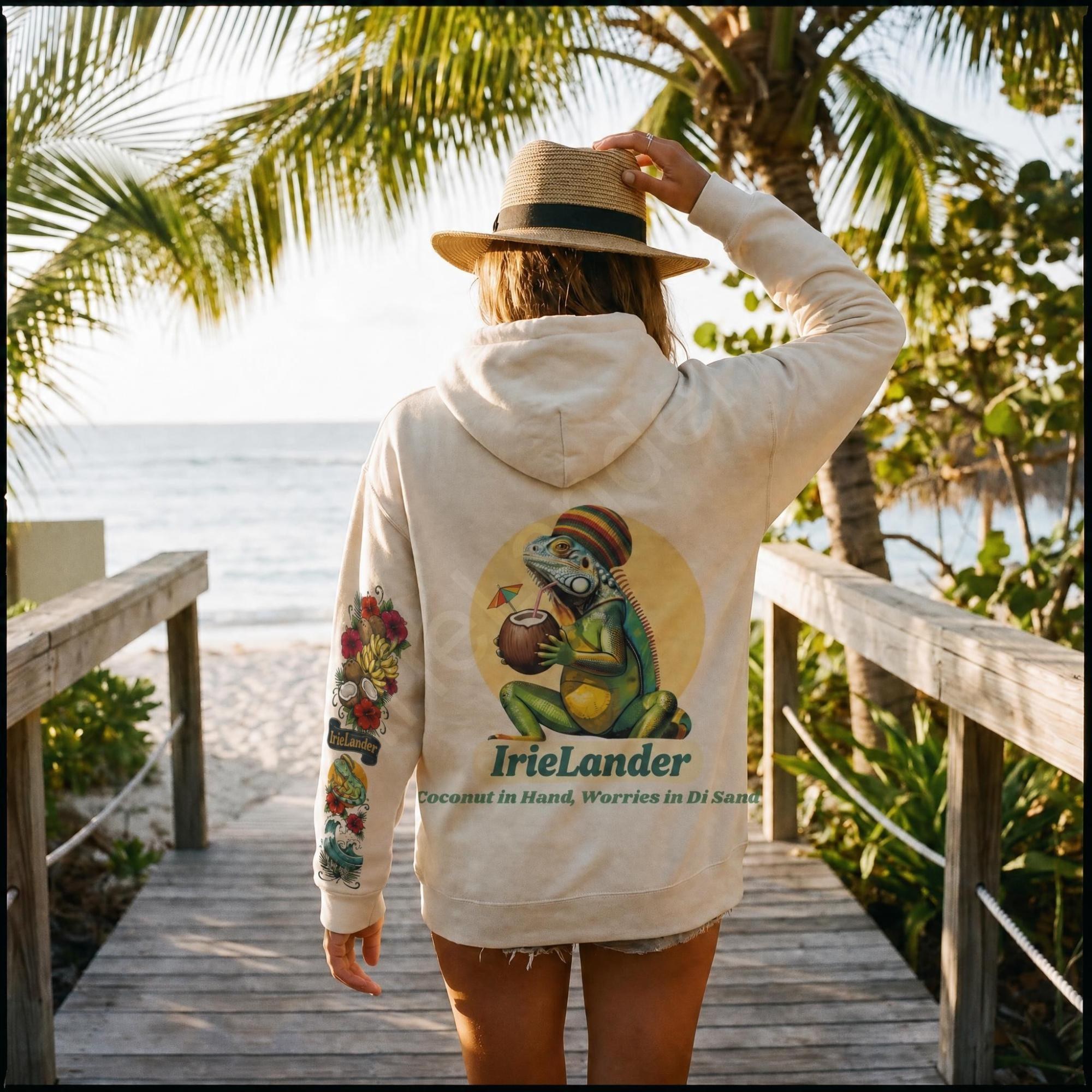 IrieLander® Coconut Iguana Beach Hoodie, unisex sweatshirt, Jamaica art, rasta inspired, sleeve print, view 6