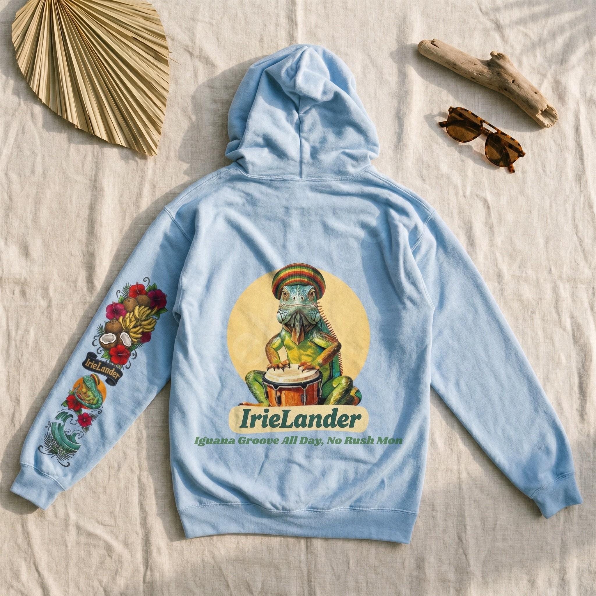 IrieLander® Jamaica Iguana Bongo Drum Zip Up Hoodie, reggae inspired art, sleeve print