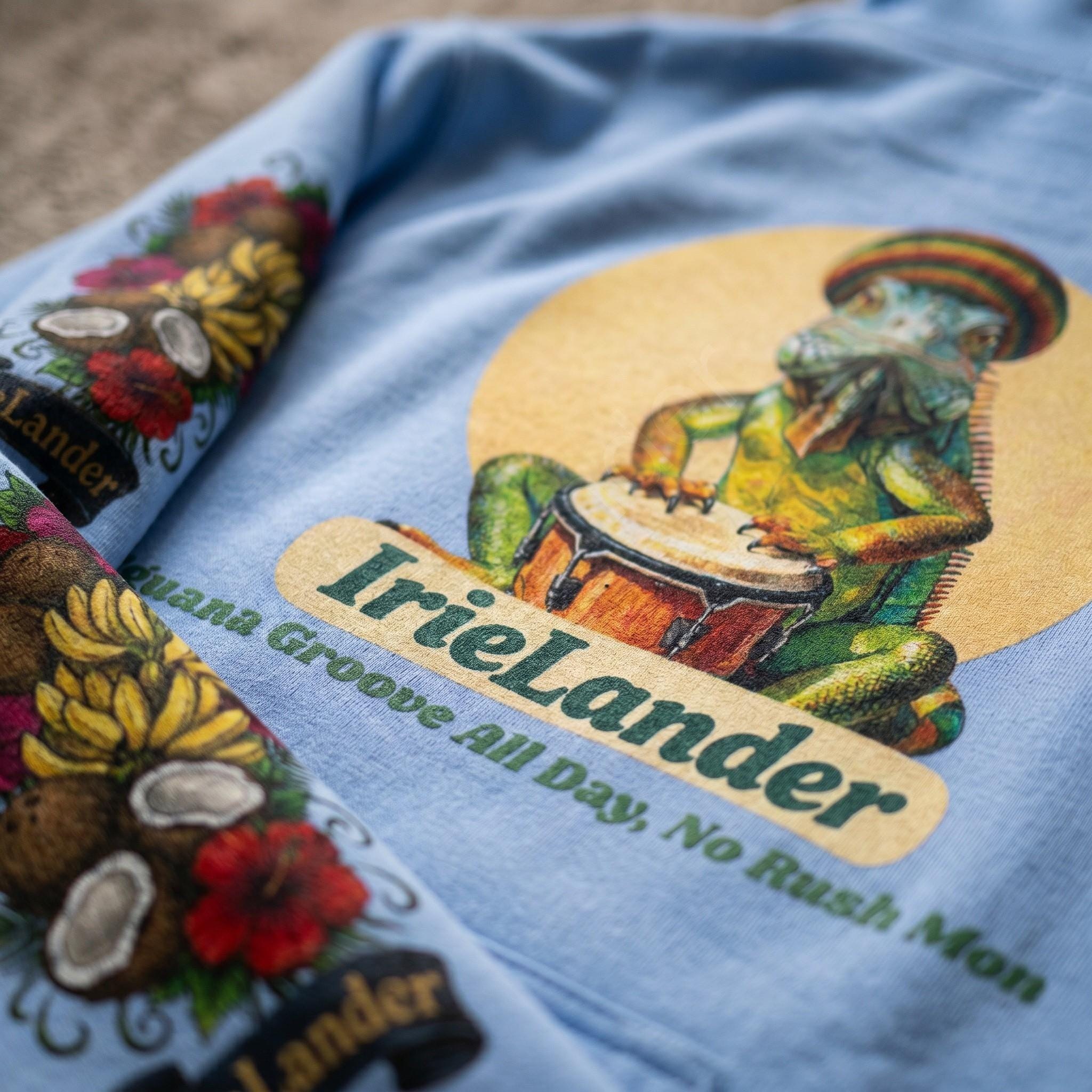 IrieLander® Jamaica Iguana Bongo Drum Zip Up Hoodie, reggae inspired art, sleeve print, view 2