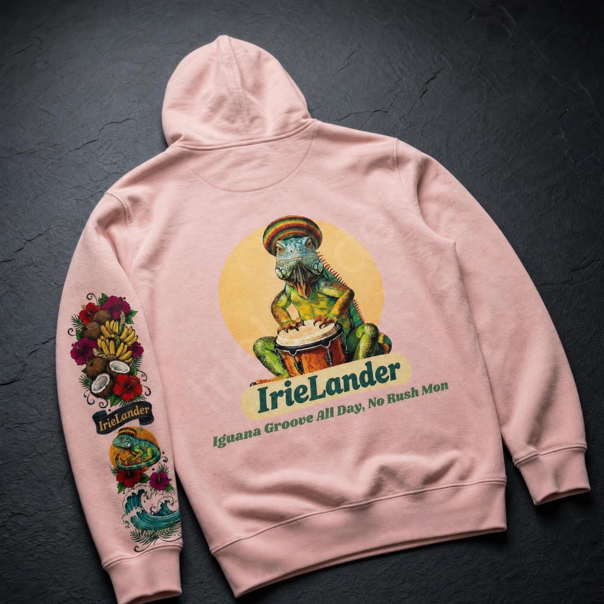 IrieLander® Jamaica Iguana Bongo Drum Zip Up Hoodie, reggae inspired art, sleeve print, view 11