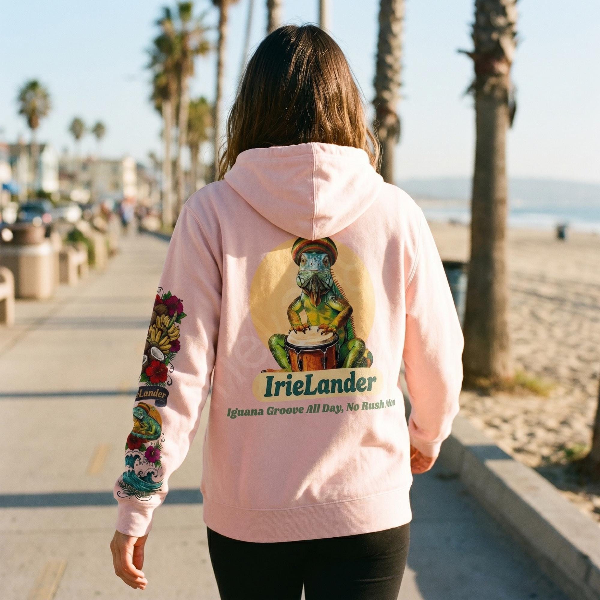 IrieLander® Jamaica Iguana Bongo Drum Zip Up Hoodie, reggae inspired art, sleeve print, view 12